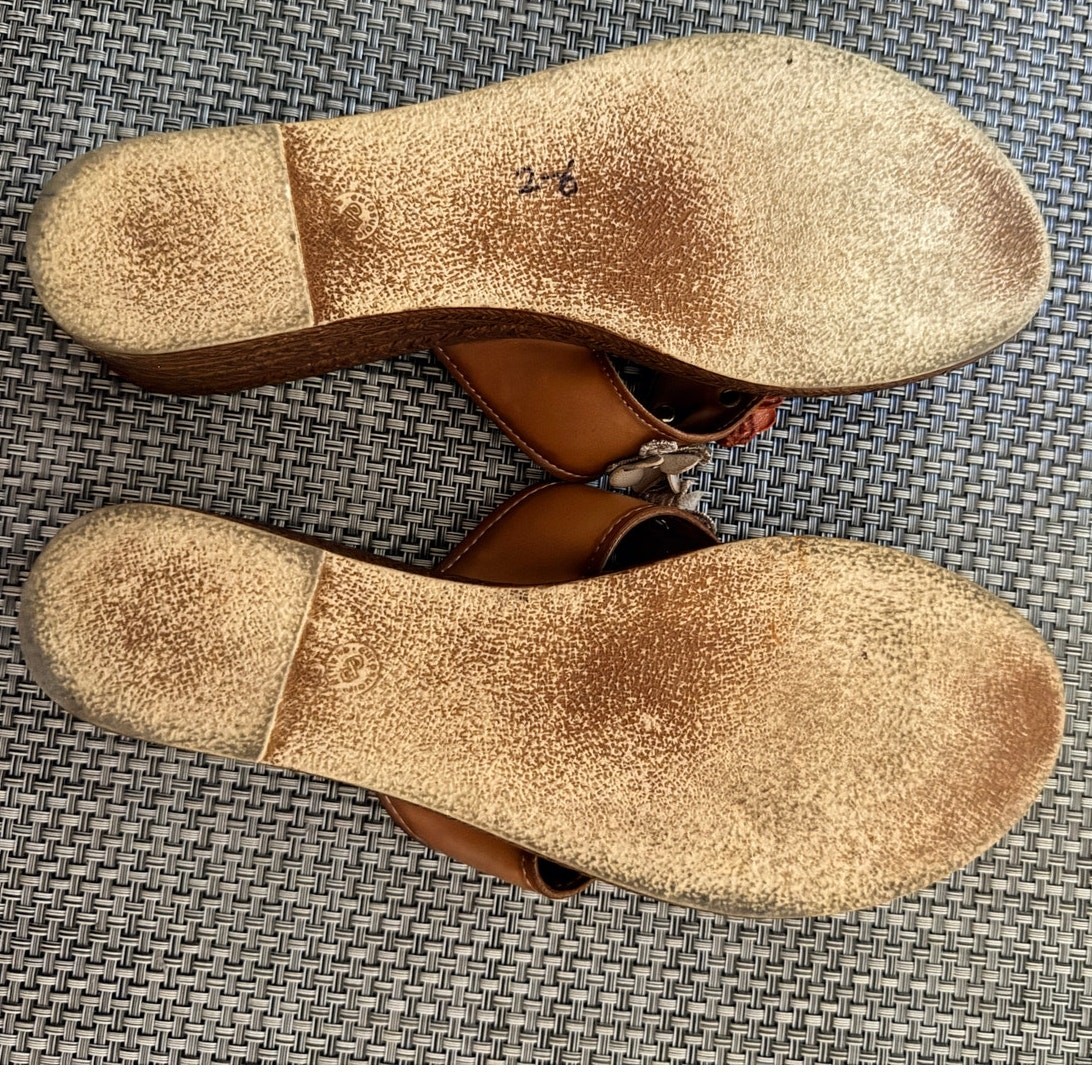 MARIELLA Made In Italy Camel Leather Colorful 3D Flower Wedge Sandals 9.5 Boho
