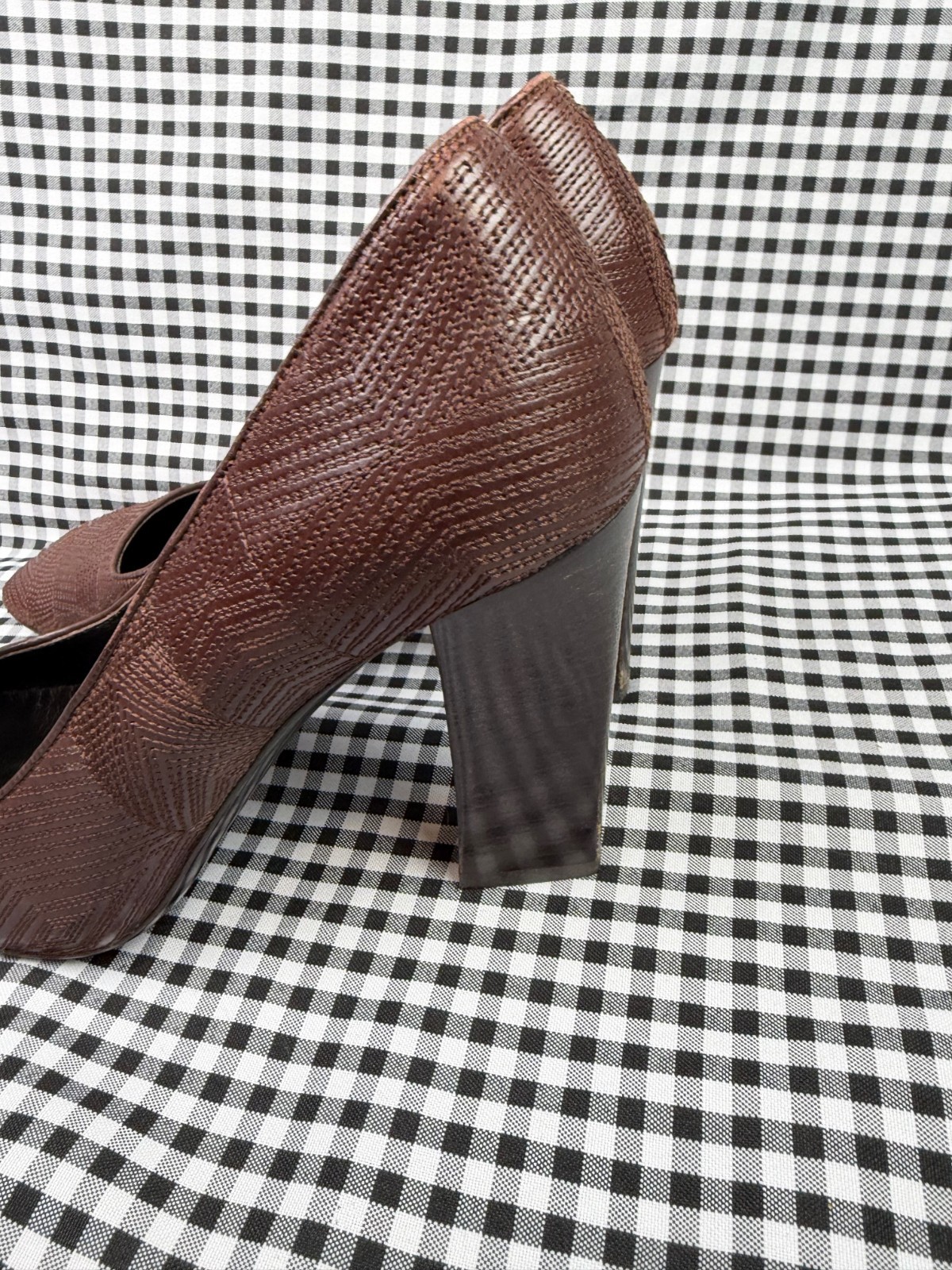 Prada Brown Embossed Leather Square Toe Pumps Block Heel Italy 38.5 Women’s US 8