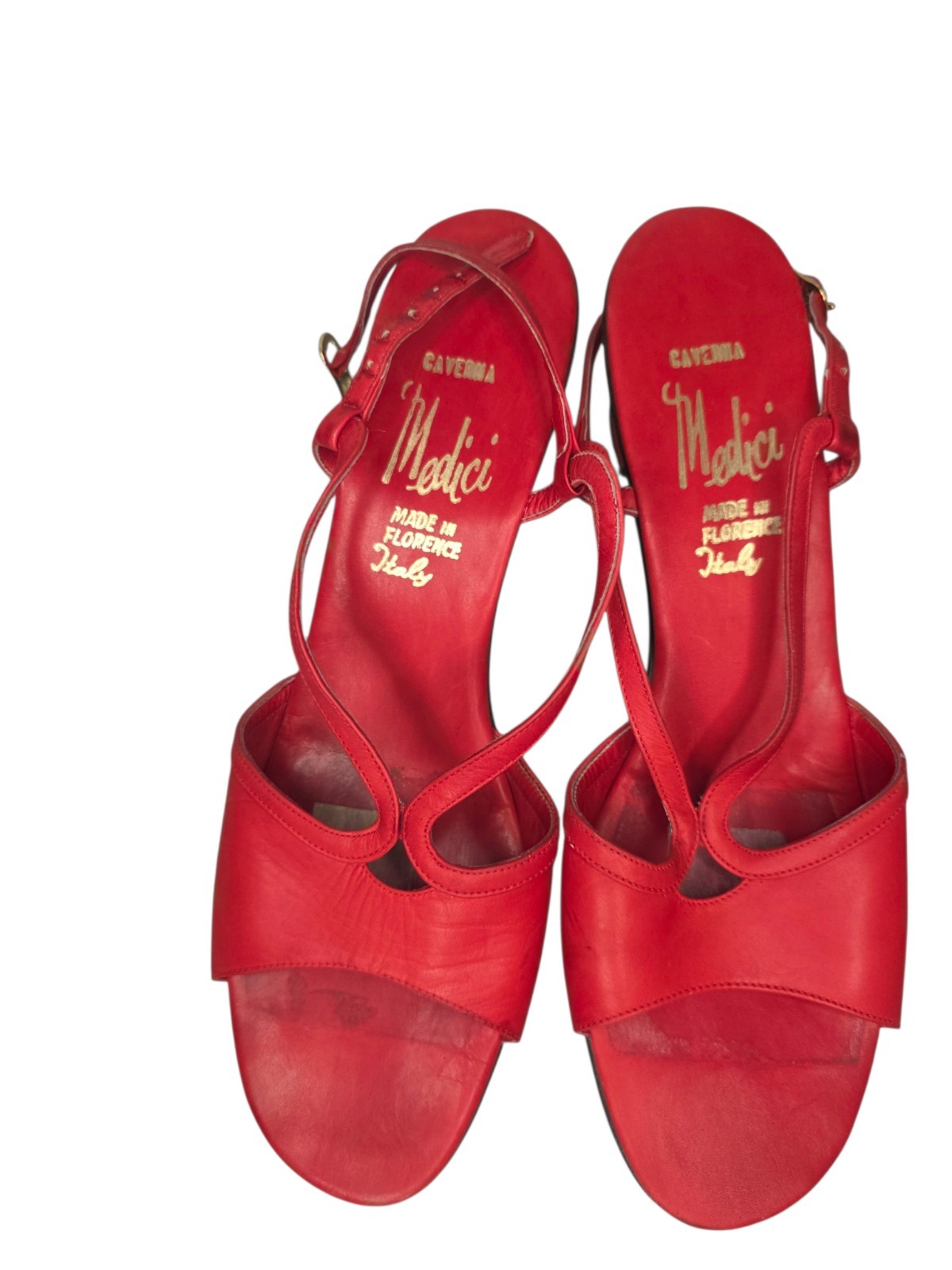 Red Italian Leather Sandals Womens 10N Ankle Strap Block Heel Vintage