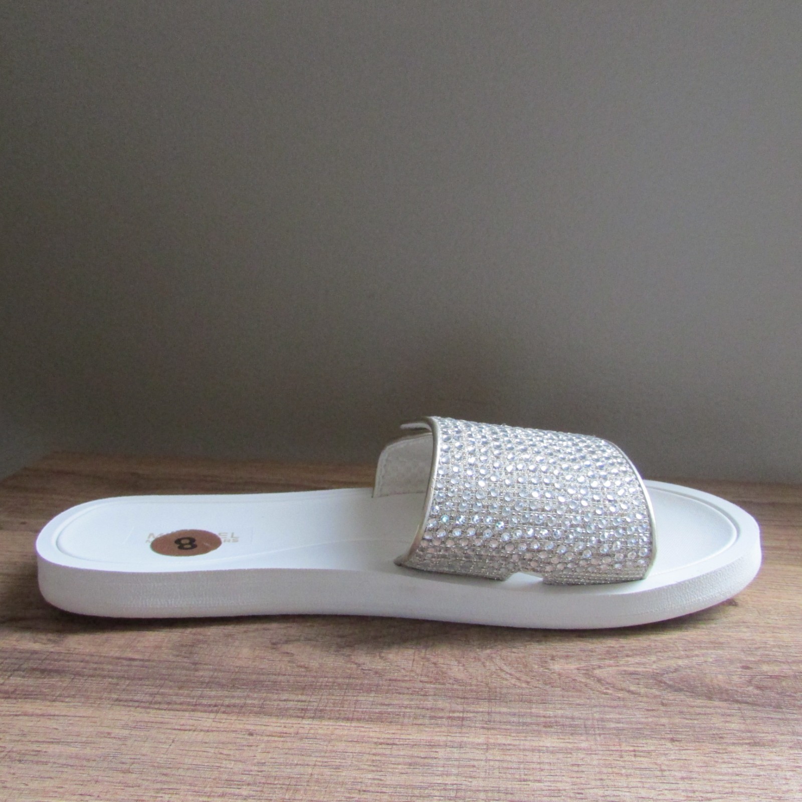 MICHAEL KORS GOLD SILVER WHITE CRYSTAL GLITTER MK LOGO DESIGNER SLIDE SANDALS-8