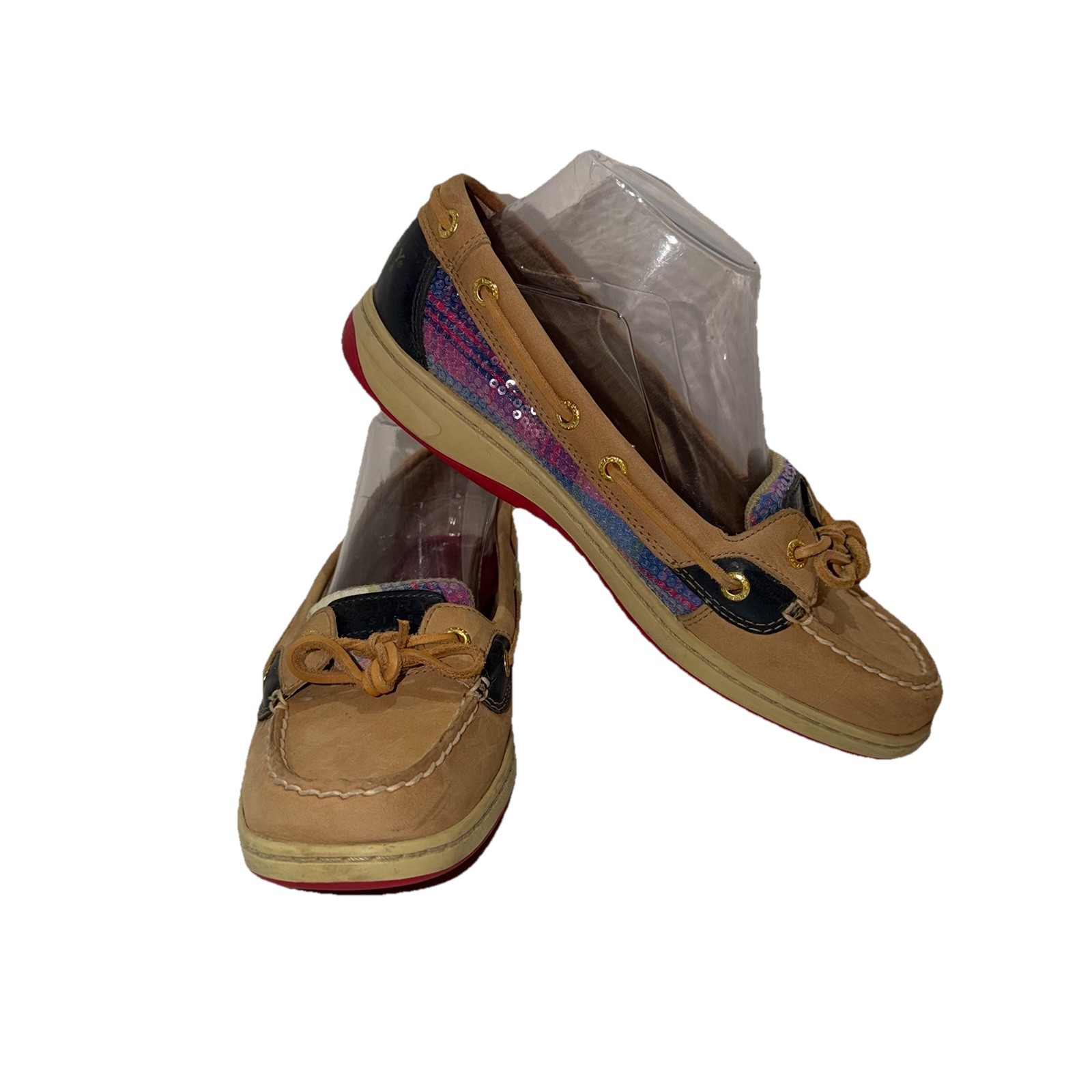 SPERRY Top Sider Anglefish Beige Leather Multicolor Plaid Boat Shoes Size 8.5