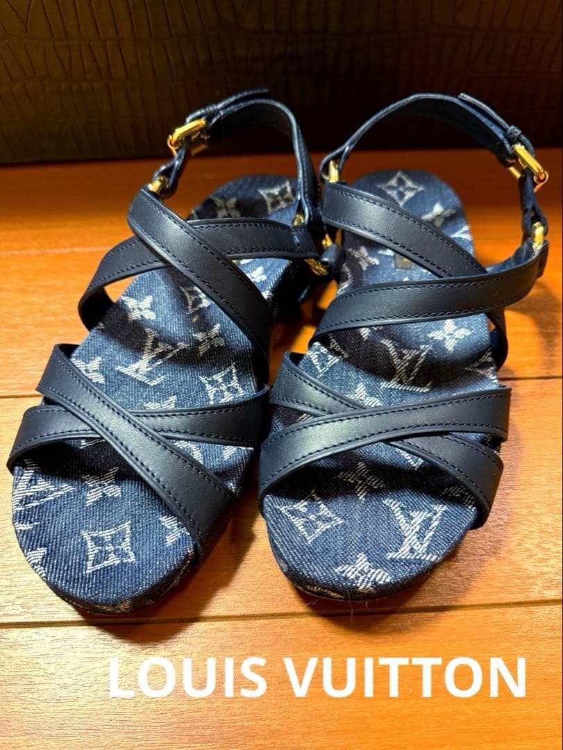 Louis Vuitton Monogram Denim Sandals Flat US 6.5 EU 36 Navy Gold Metal LV Logo