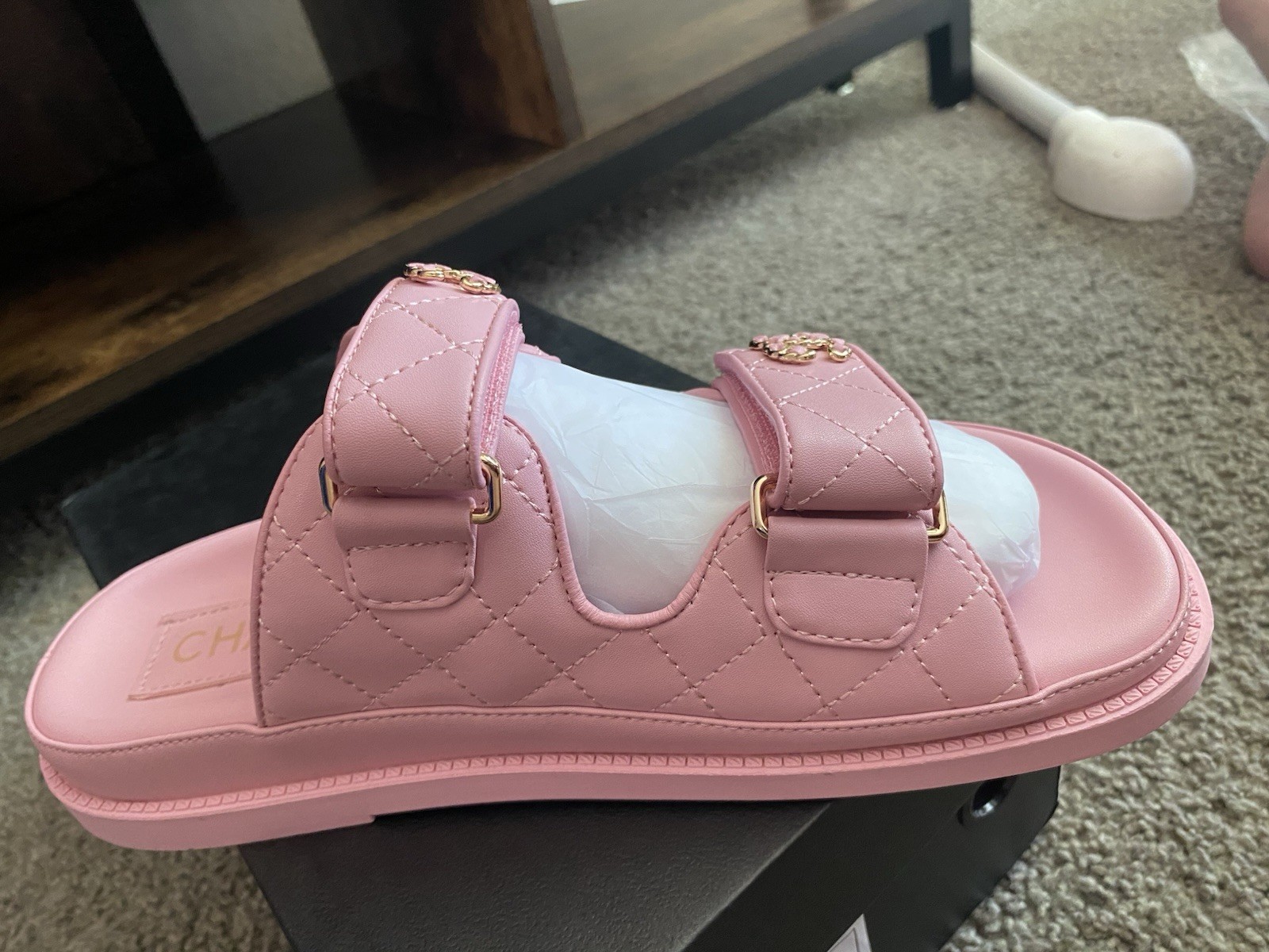CHANEL Pink Quilted Logo Leather Slide Sandals Womens US 8 EU 39