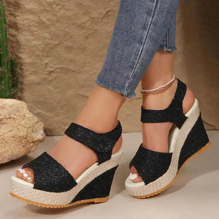 Ladies Platform Summer Espadilles Wedge Sandal Design Black US SIZE 8.5 EUR 41
