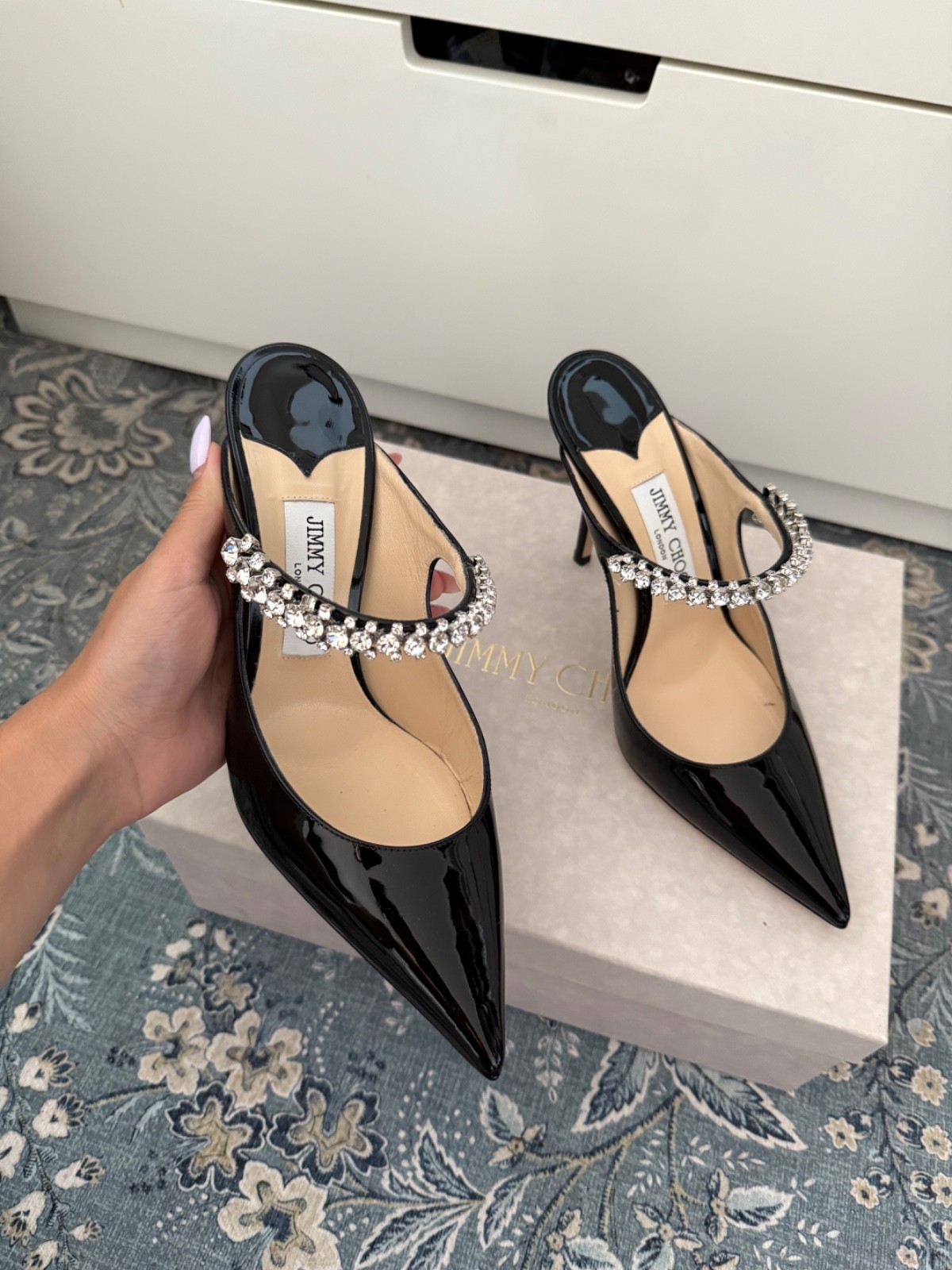 Jimmy Choo Bing 100 Black Patent Leather Heels with Crystal Strap in size 38.5