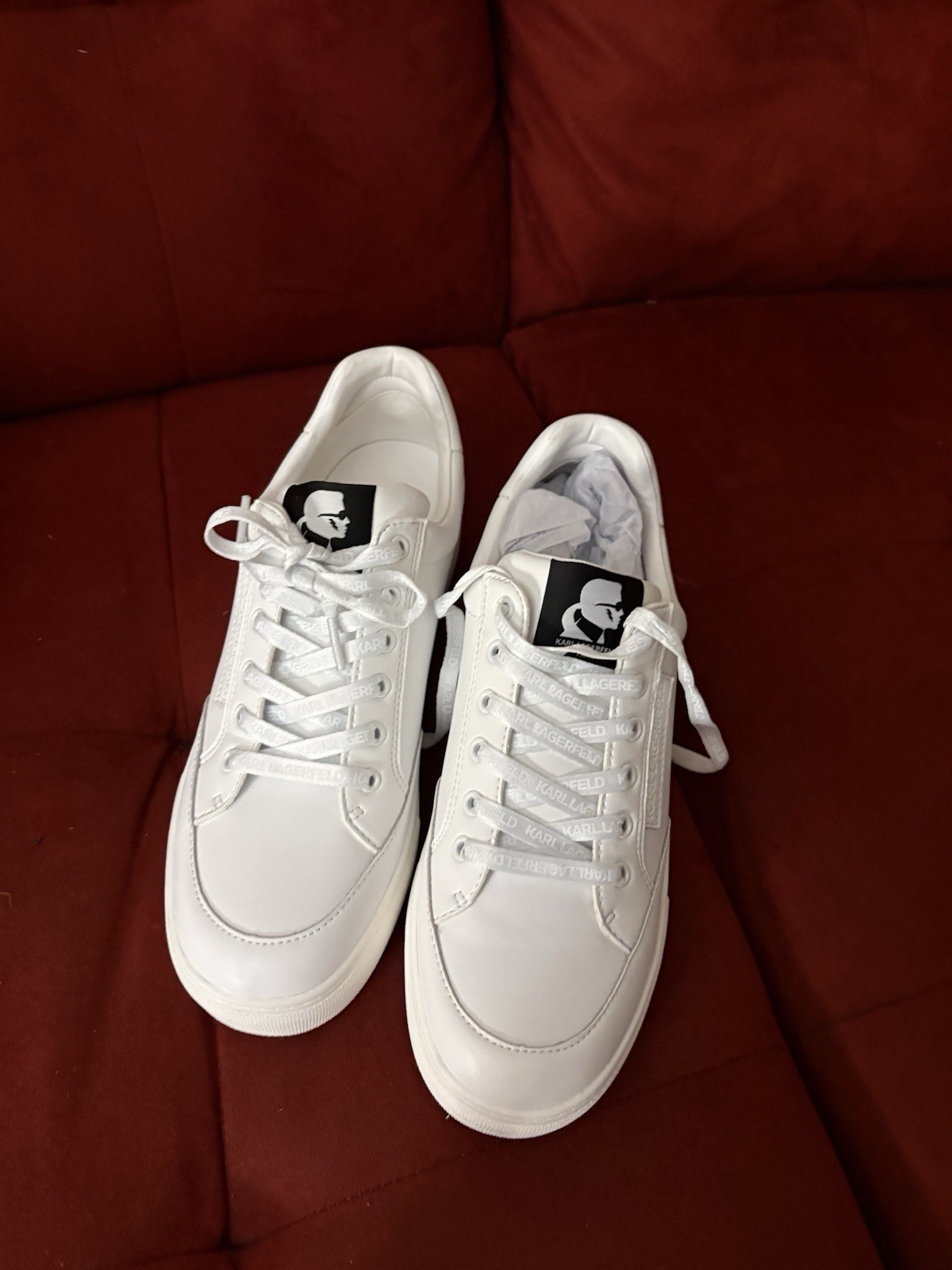 Karl Lagerfeld Paris Designer Calico Patch Embellished Heel Sneakers,White Sz 10