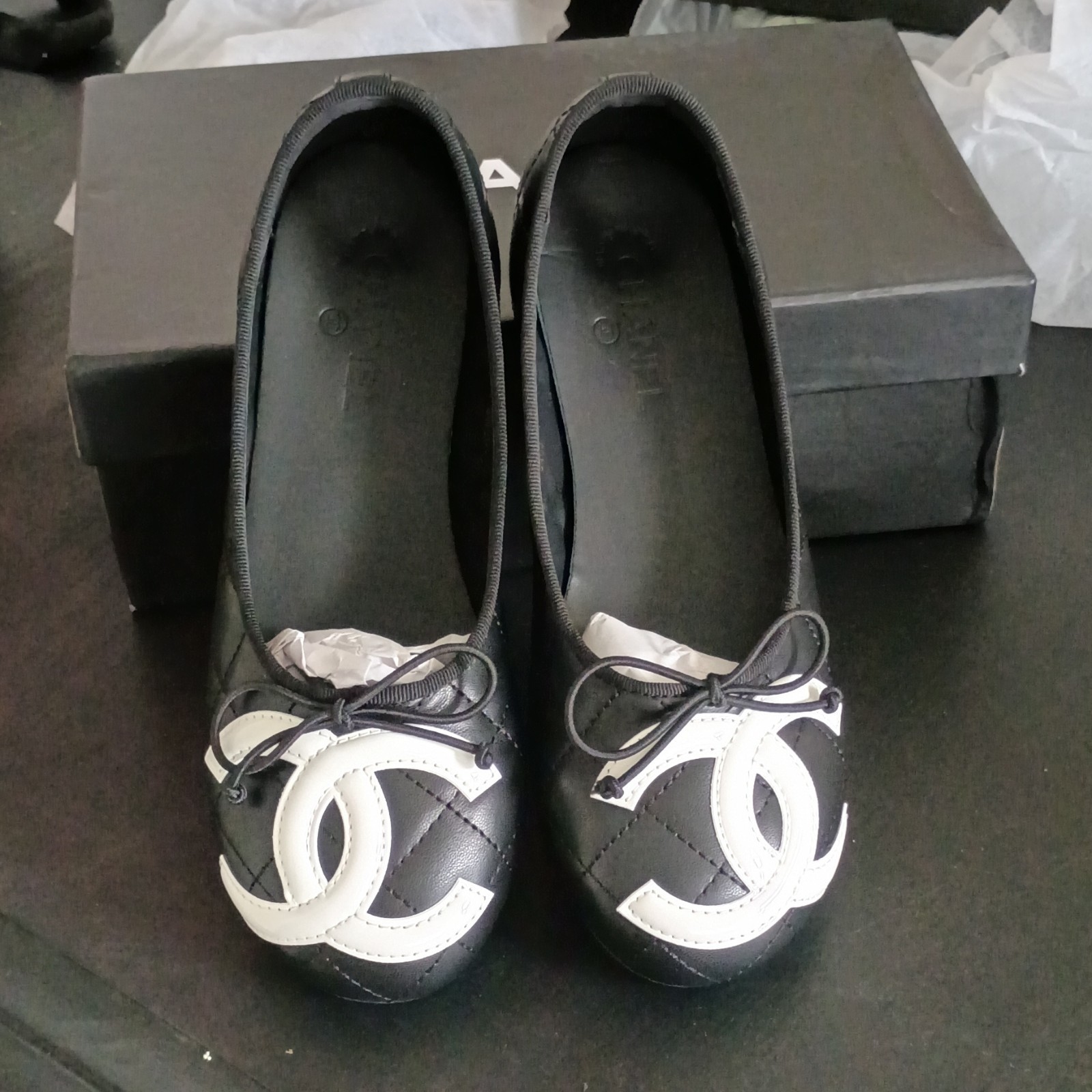 Chanel Ballet Slipper Cambons Size 7.5 Black CC LOGO Authentic BRAND NEW