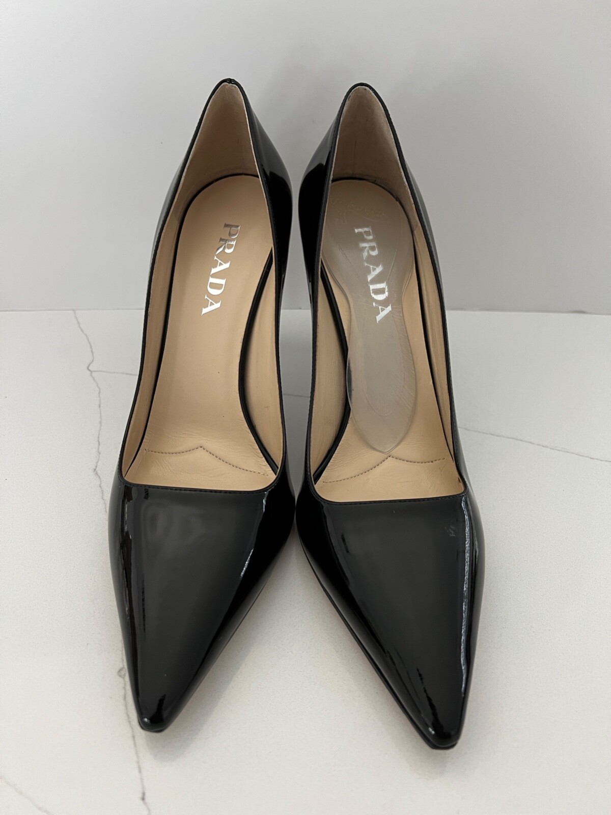 Prada Black Patent Leather Pointed Toe Classic Elegant Designer Pumps Heels Shoe