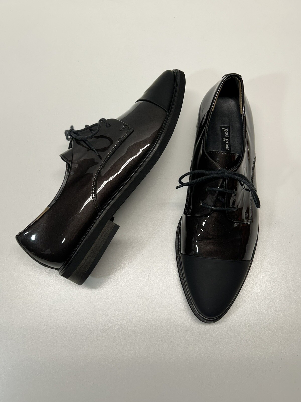 Paul Green Women Matt Black Patent Brown Oxford Lace Up Shoes Sz 5.5 / US 8 Mint