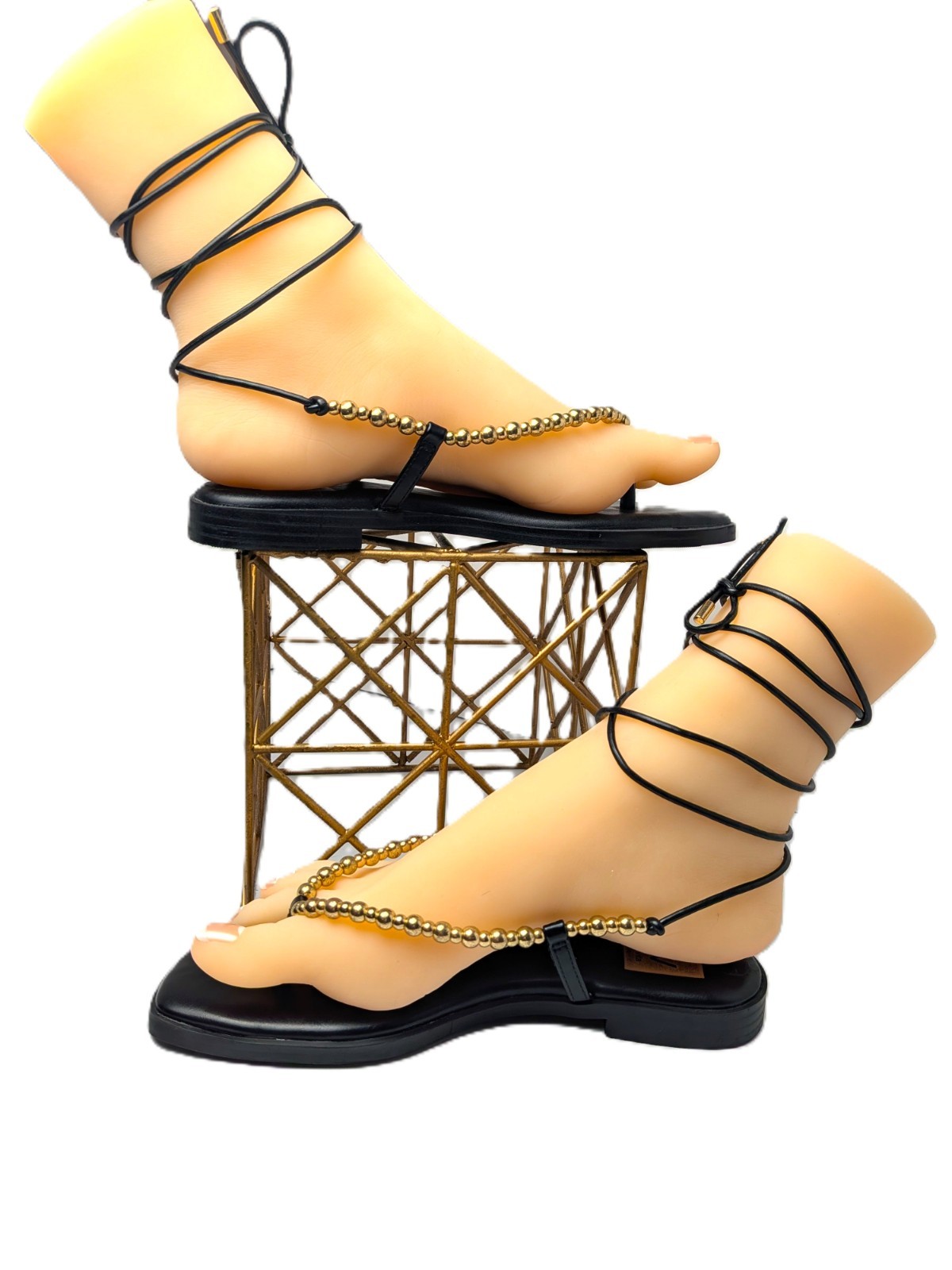 NWOB Dolce Vita Black Gold Beaded Thong Ankle Wrap Sandals Size 6.5 Never Worn!