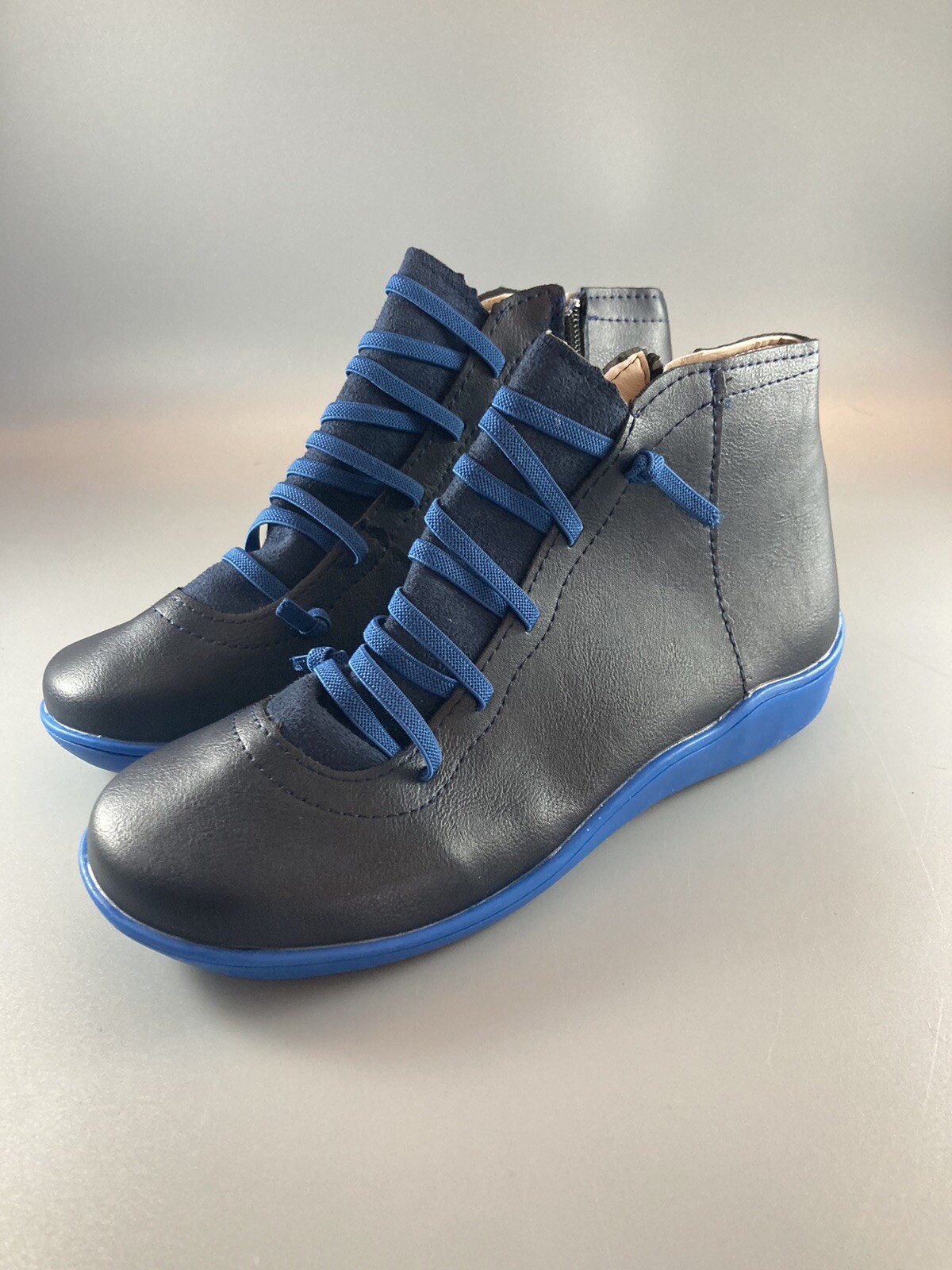 Womens Retro 7 Lace-Up Zip Casual Ankle Boots Solid Color Round Toe Black Blue