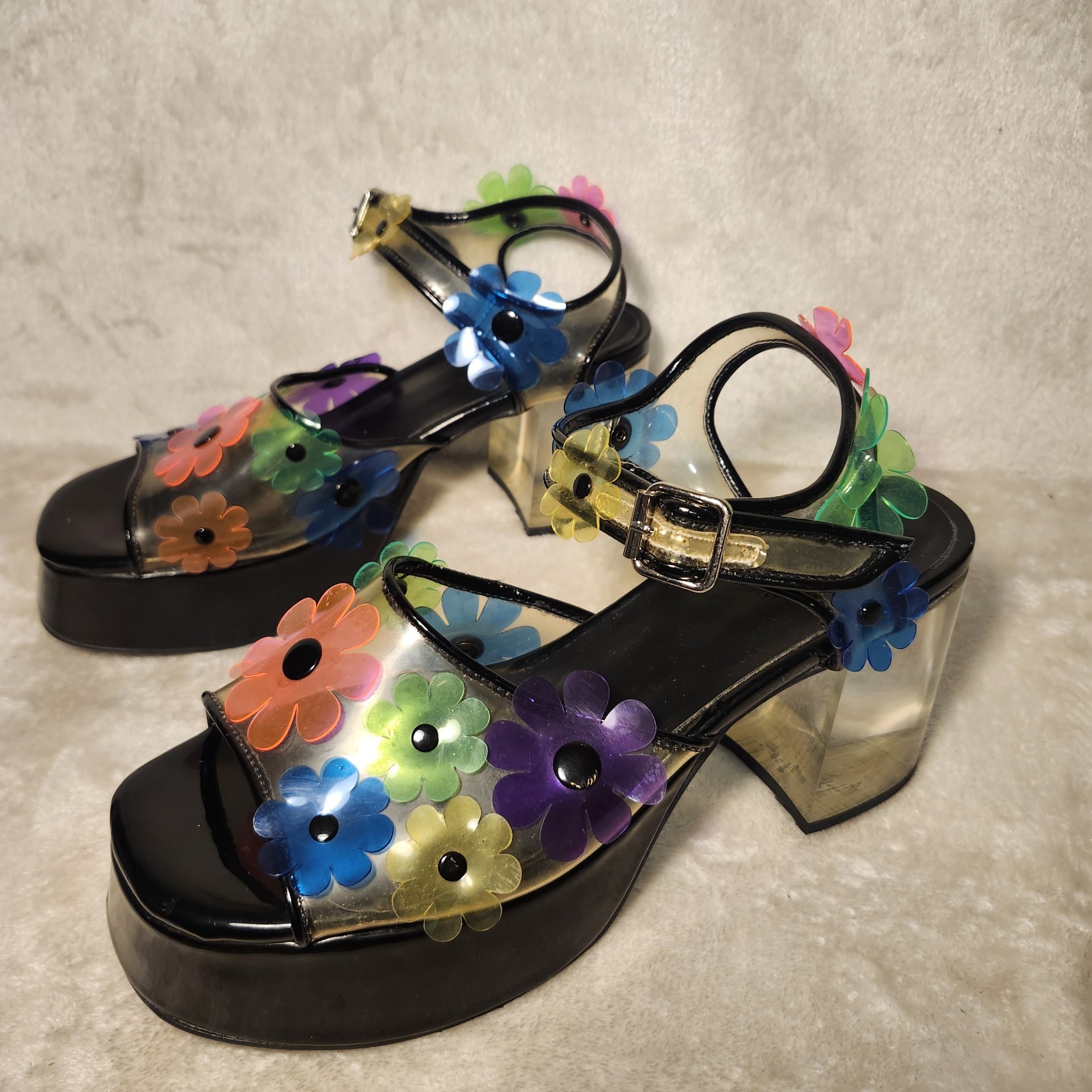 Dolls Kill Delias Petal Pixie Platform Womens Size 9 Floral PVC Chunky Heel
