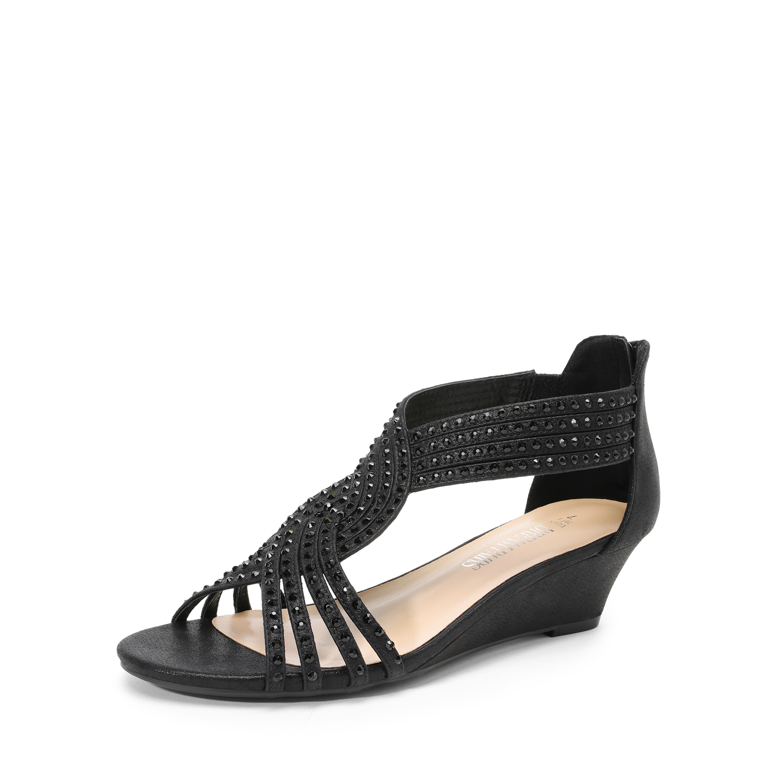 Women Low Wedge Heel Open Toe Back Zipper Rhinestone Dress Wedge Sandals