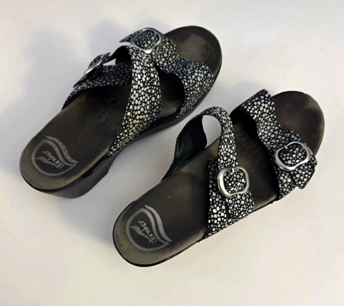 Dansko Womens 6.5 Black White Polka Dot Leather Slide Sandals Buckle Strap