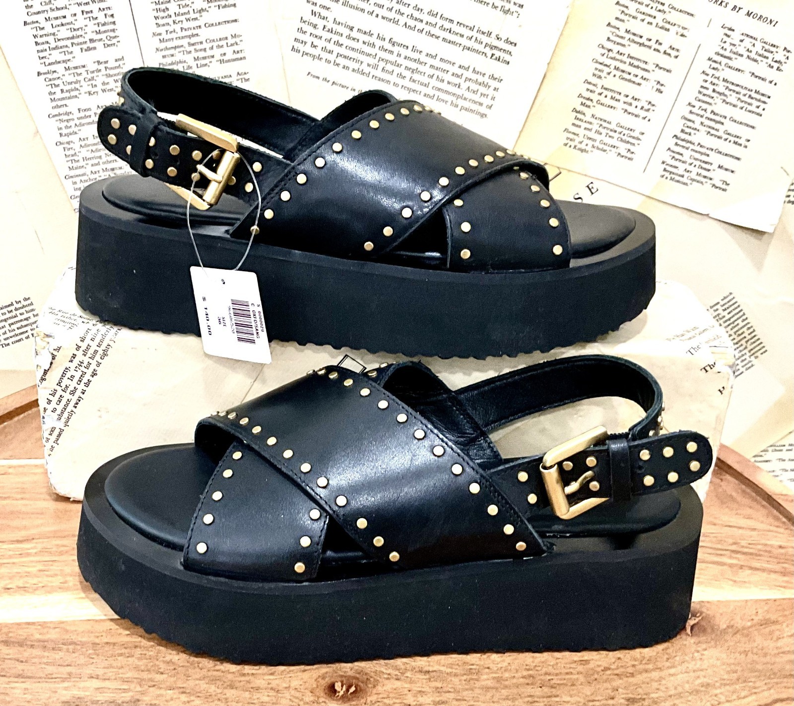 Anthropologie Maeve The Chrissy Platform Sandal Black Studs Leather 36/5-5.5 NEW