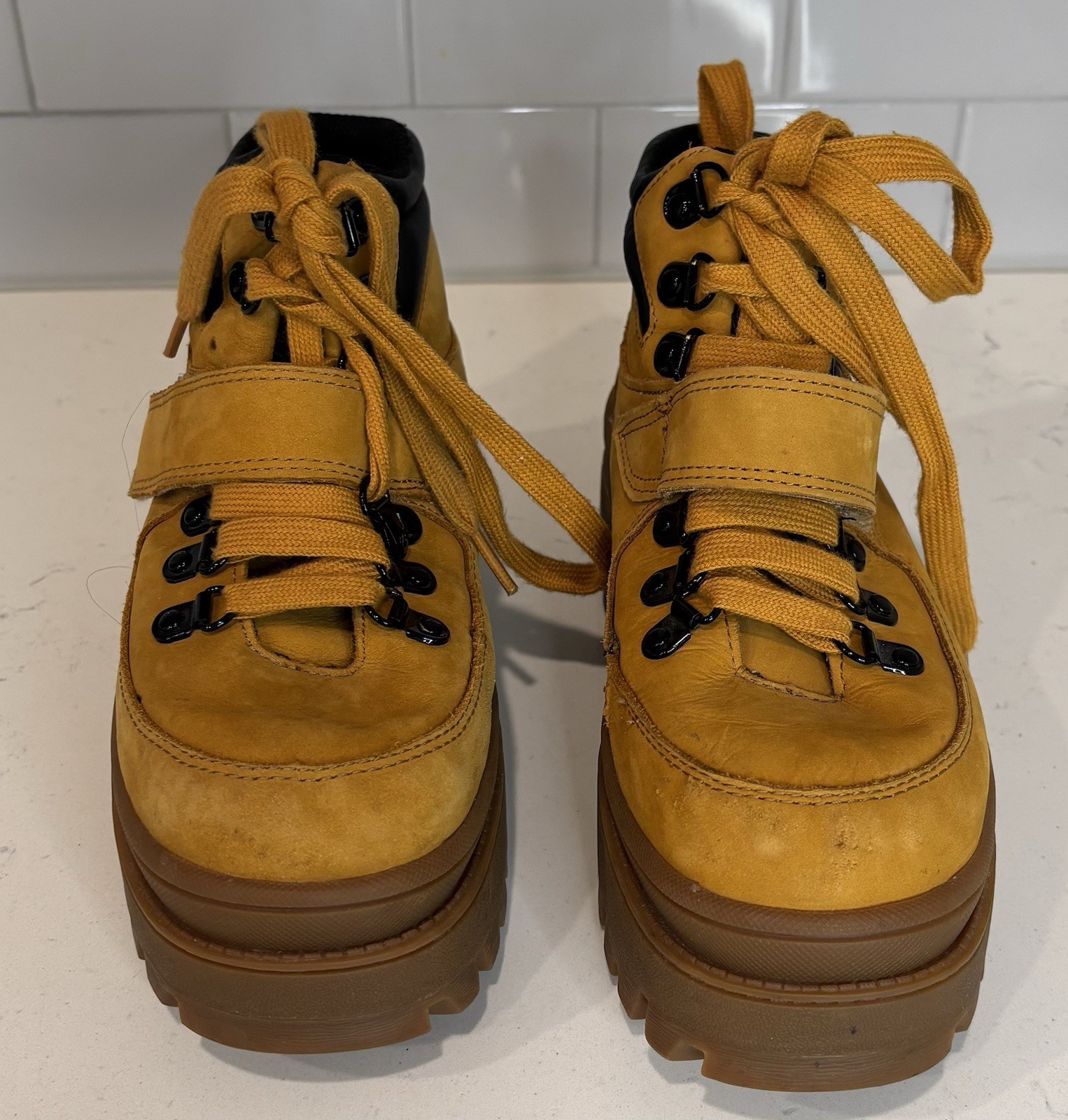 JEFFREY CAMPBELL Top Peak Platform Hiking Boots Mustard Yellow Lug Sole Chunky