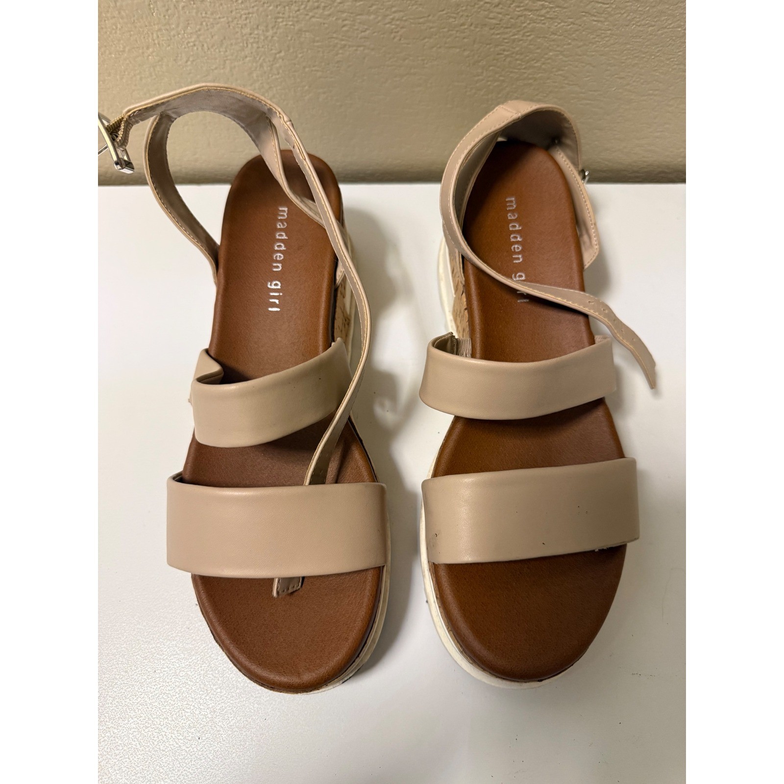 Madden Girl Beige Strappy Platform Cork Wedge Sandals White Lug Sole
