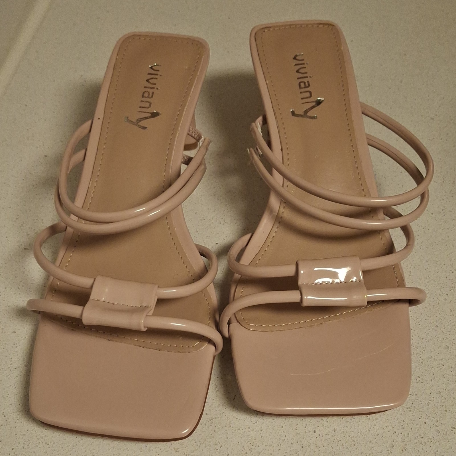 Viviany Women’s Beige Solid Square Toe Strappy Slip On Mules US 8