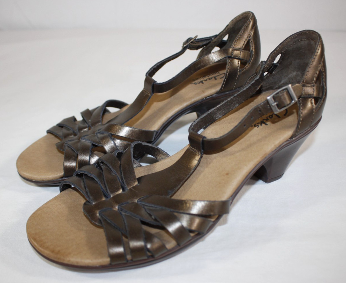 Clarks Shoes Women’s 7.5 M Sandals T Strap Wedge Heeled Open Toe Leather Bronze