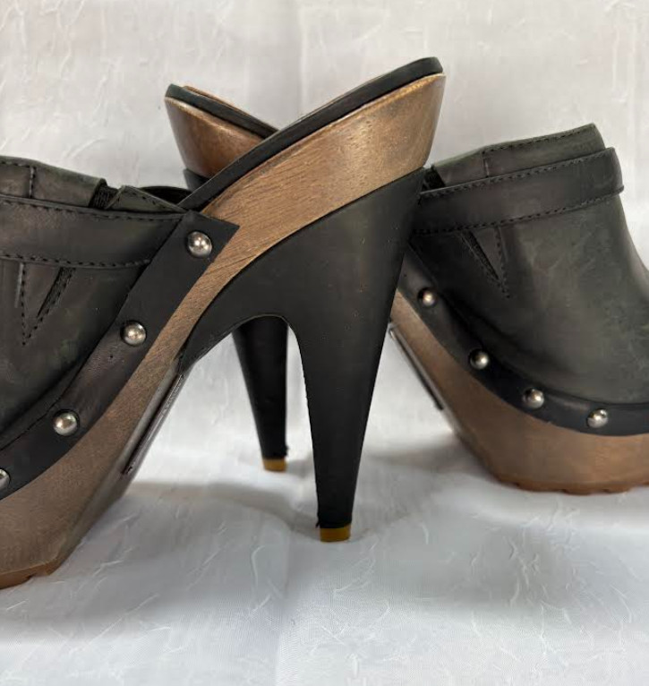 Schultz Platform High Heel Clog Mule, Black Leather, Size 37 (US 7)