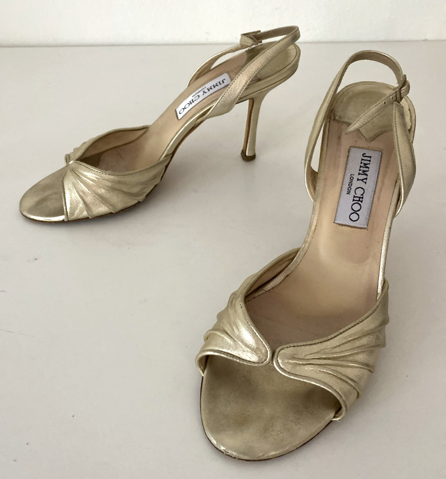 Jimmy Choo Gold King Slingback Sandal Open Toe Leather Slim Heel 39