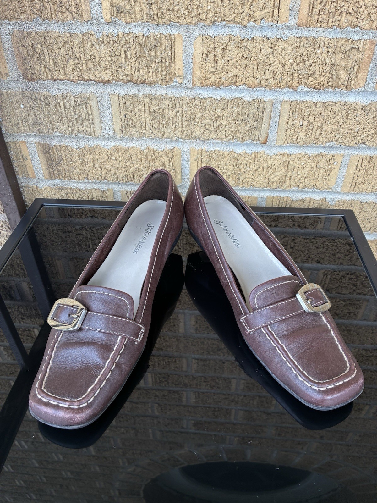 St. John’s Bay Women’s Brown Leather Slip-On Loafer Flats Square Toe Buckle