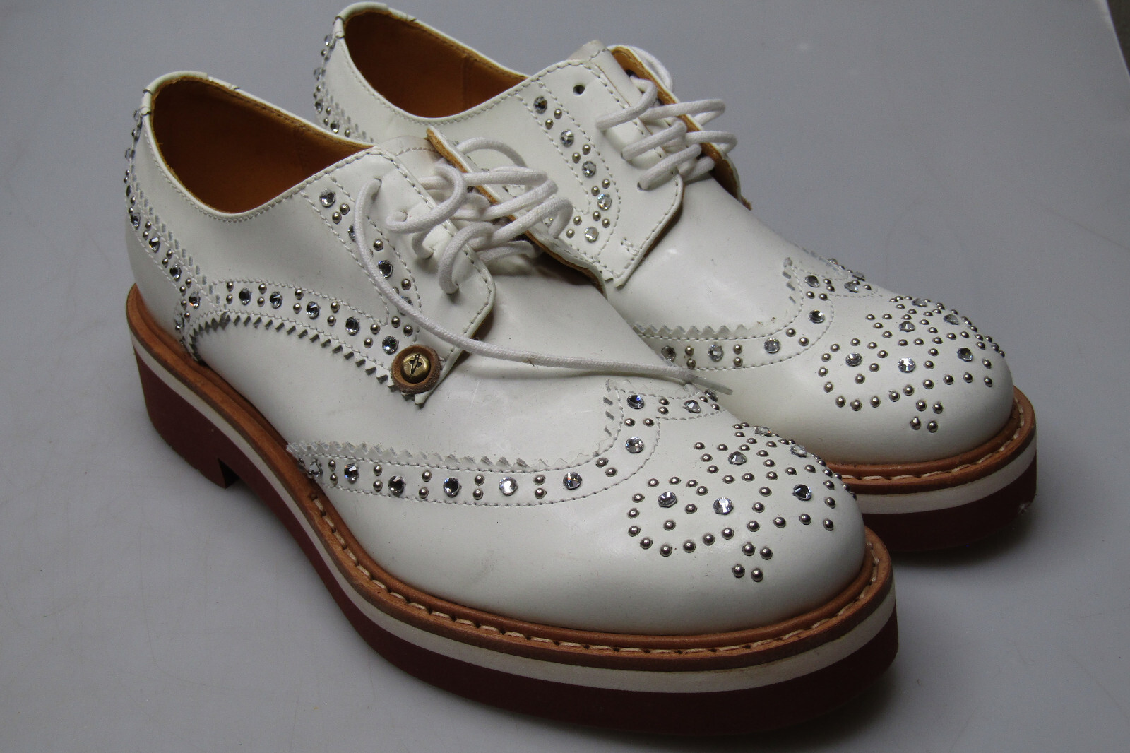Womens Paciotti 308 Madison White Rhinestones Leather Oxford Wingtip Shoes Sz 35
