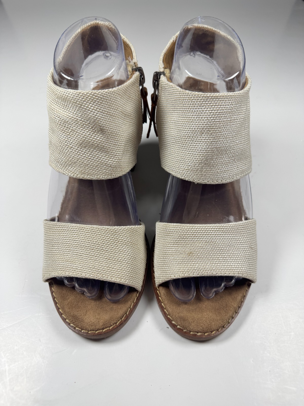 Toms Majorca Strappy Womens US 7.5 Beige Side Zip Block Heel Cutout Sandals