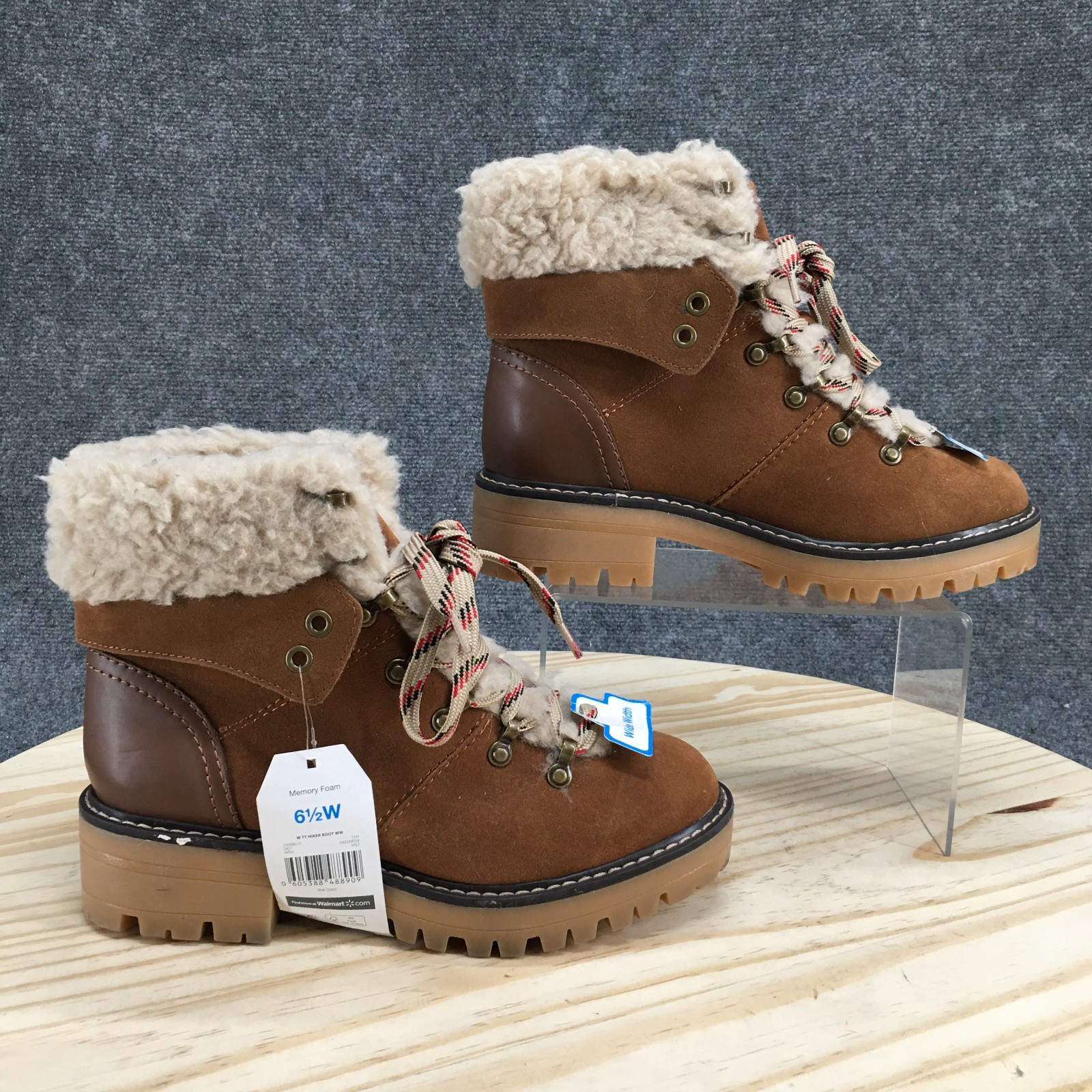 NEW Time And Tru Boots Womens 6.5W Cozy Hiker Ankle Bootie Brown Faux Fur Lined