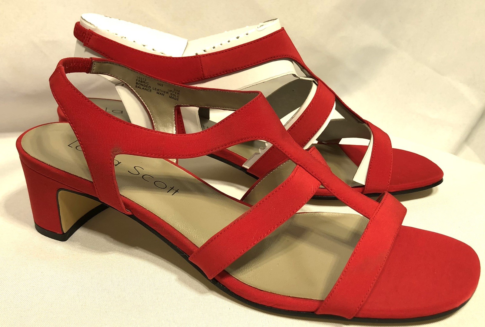 Vintage 90s Laura Scott Fabric Dress Sandals Red Size 9.5M Mid Heel Ankle Strap