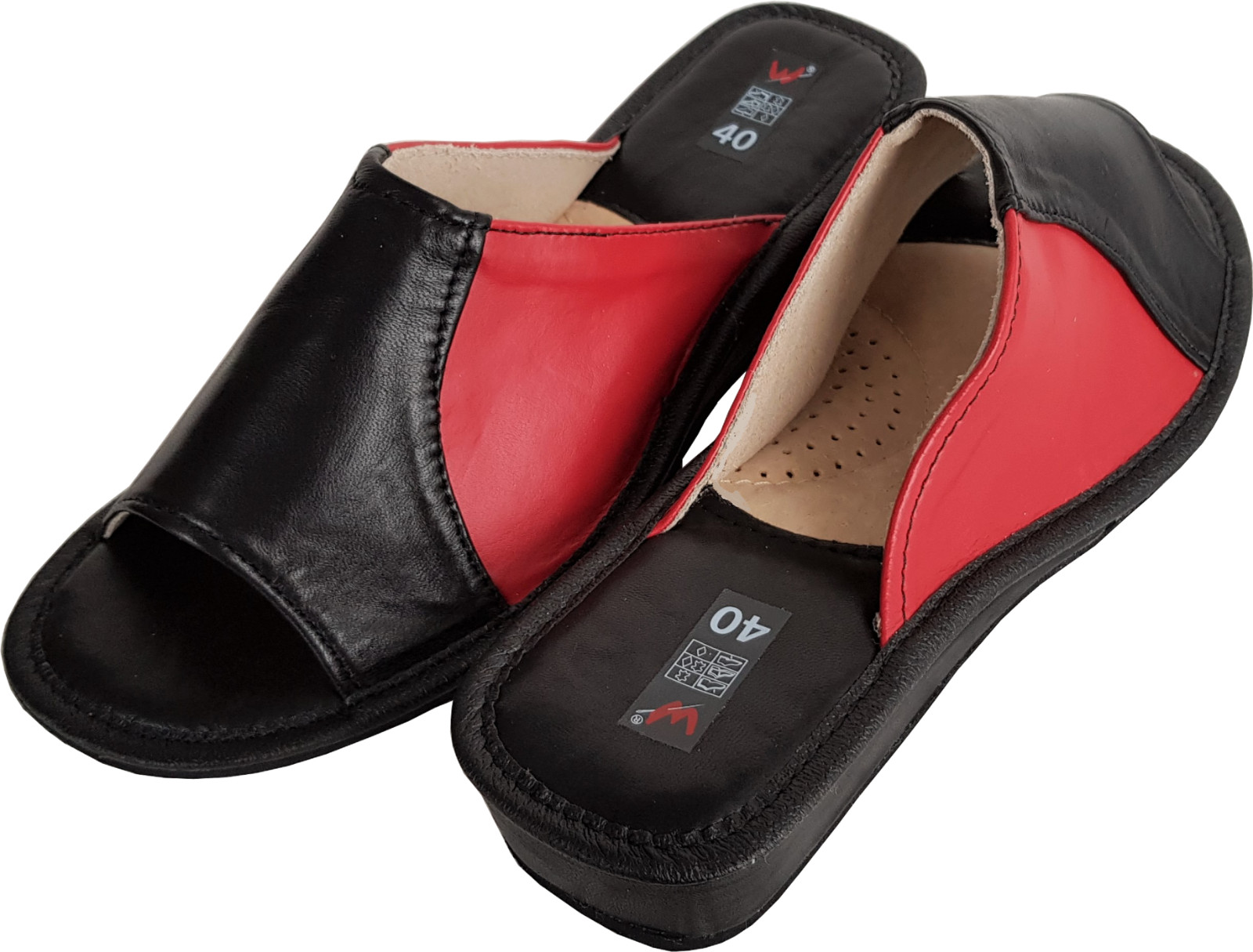 Mules-slippers-slides size 36 real leather, black-red, (pl396)