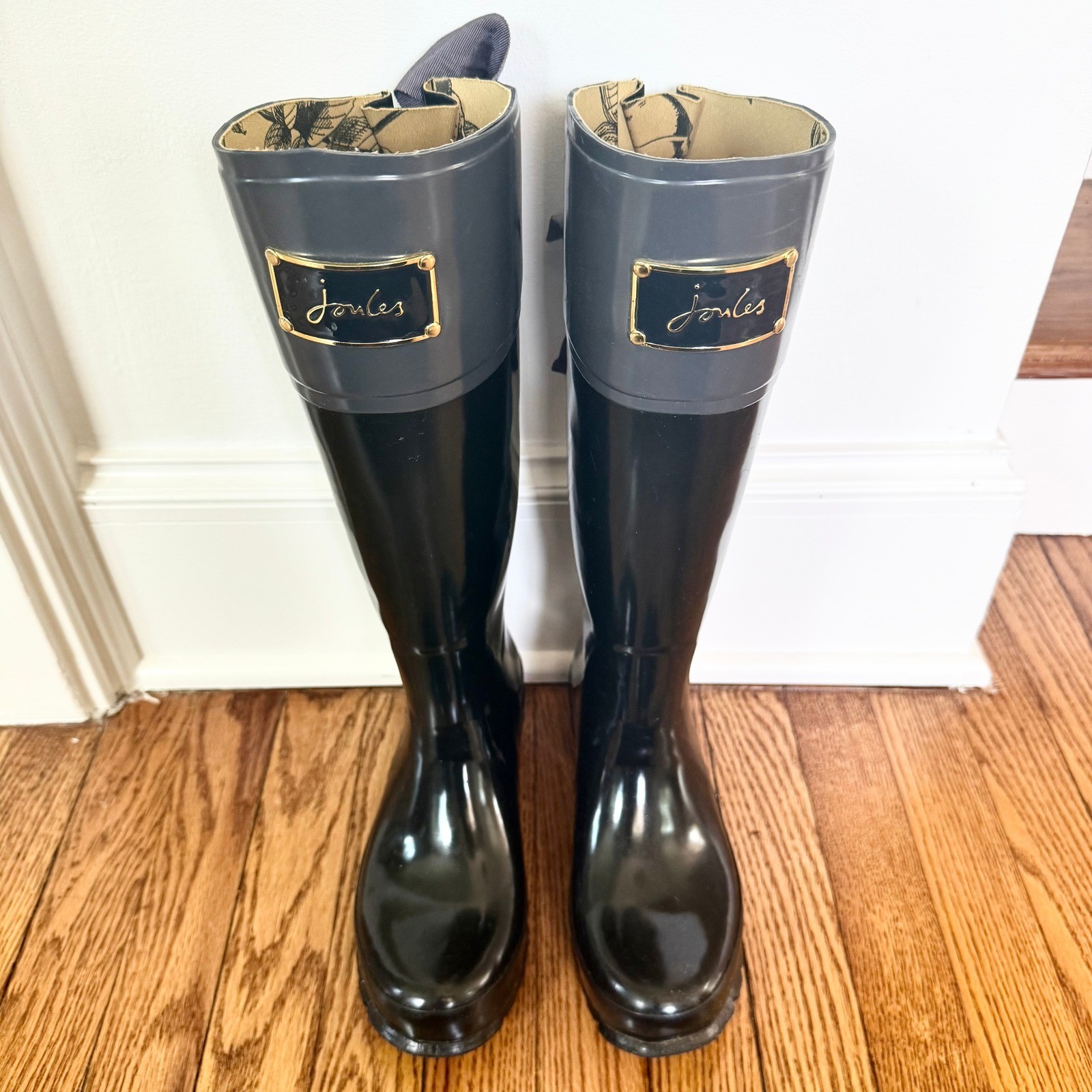 Joules Evedon Rain Boots Womens 8 Black Bow Back Waterproof Tall