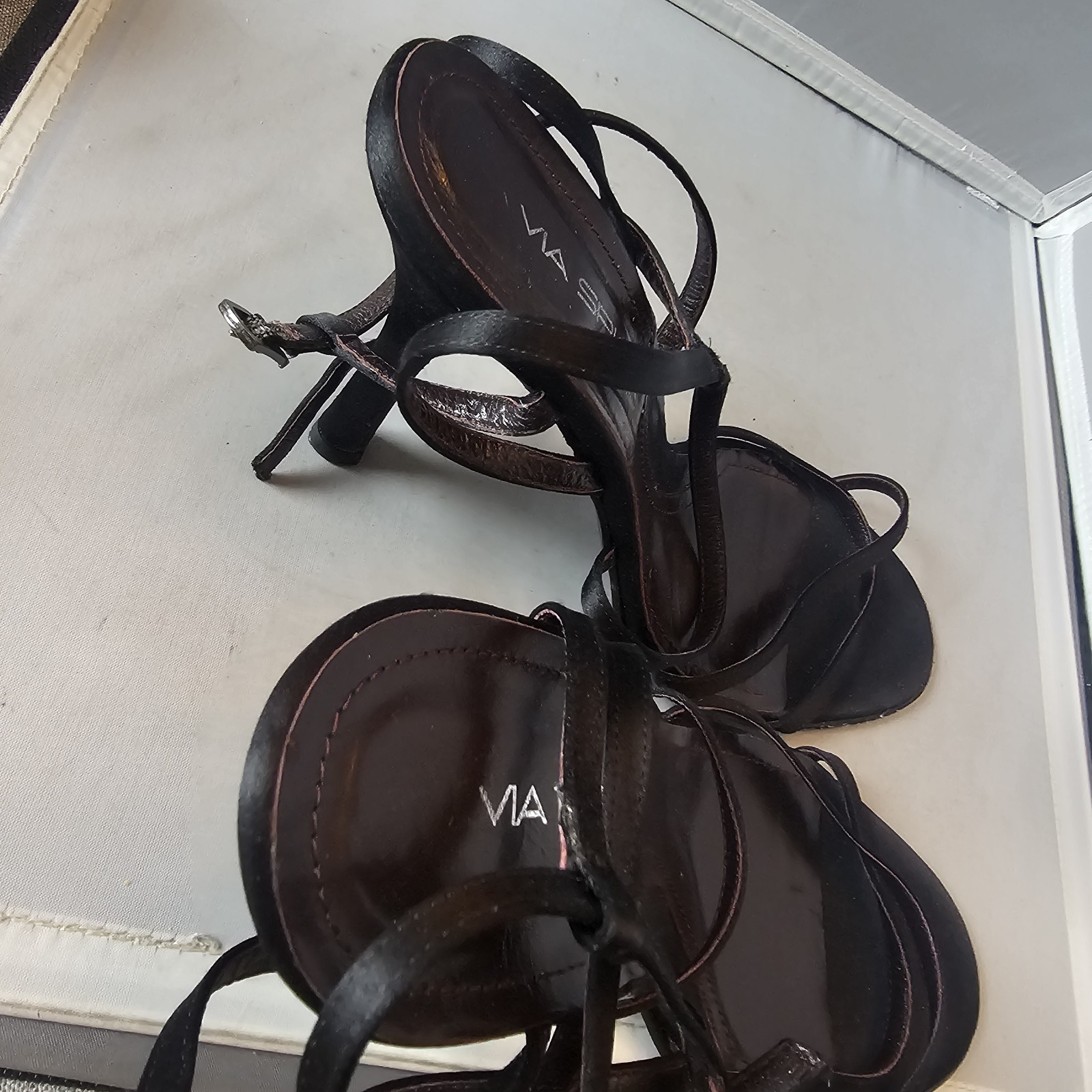 Via Spiga Womens Suede 3.75″ High Heels Black Size 11 M Open Toe with Straps