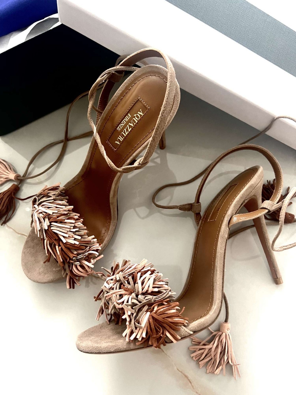 AQUAZZURA WILD THING 85 mm TERRACOTTA SUEDE FRINGE SANDAL Heels 38