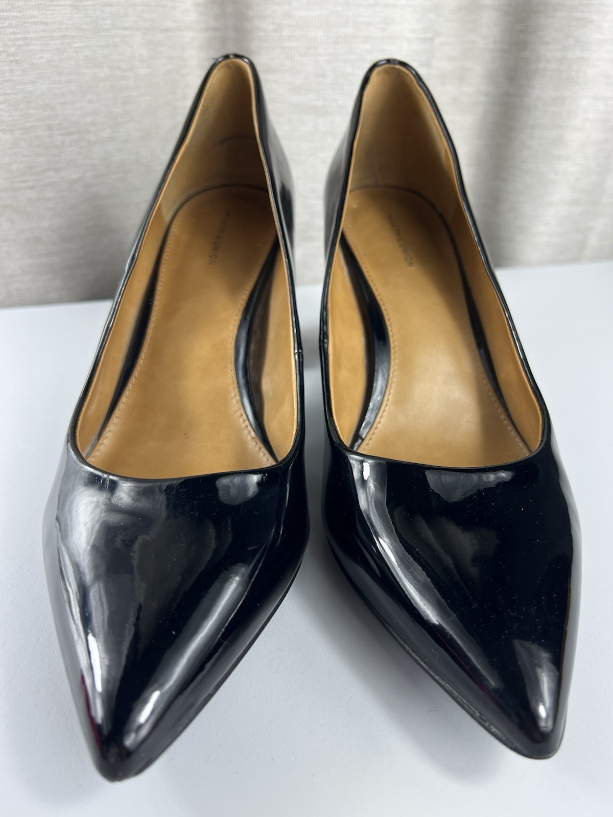 14th & Union Black Patent Leather Pumps Heels, Pointed Toe, Cube Heel Size 9 M