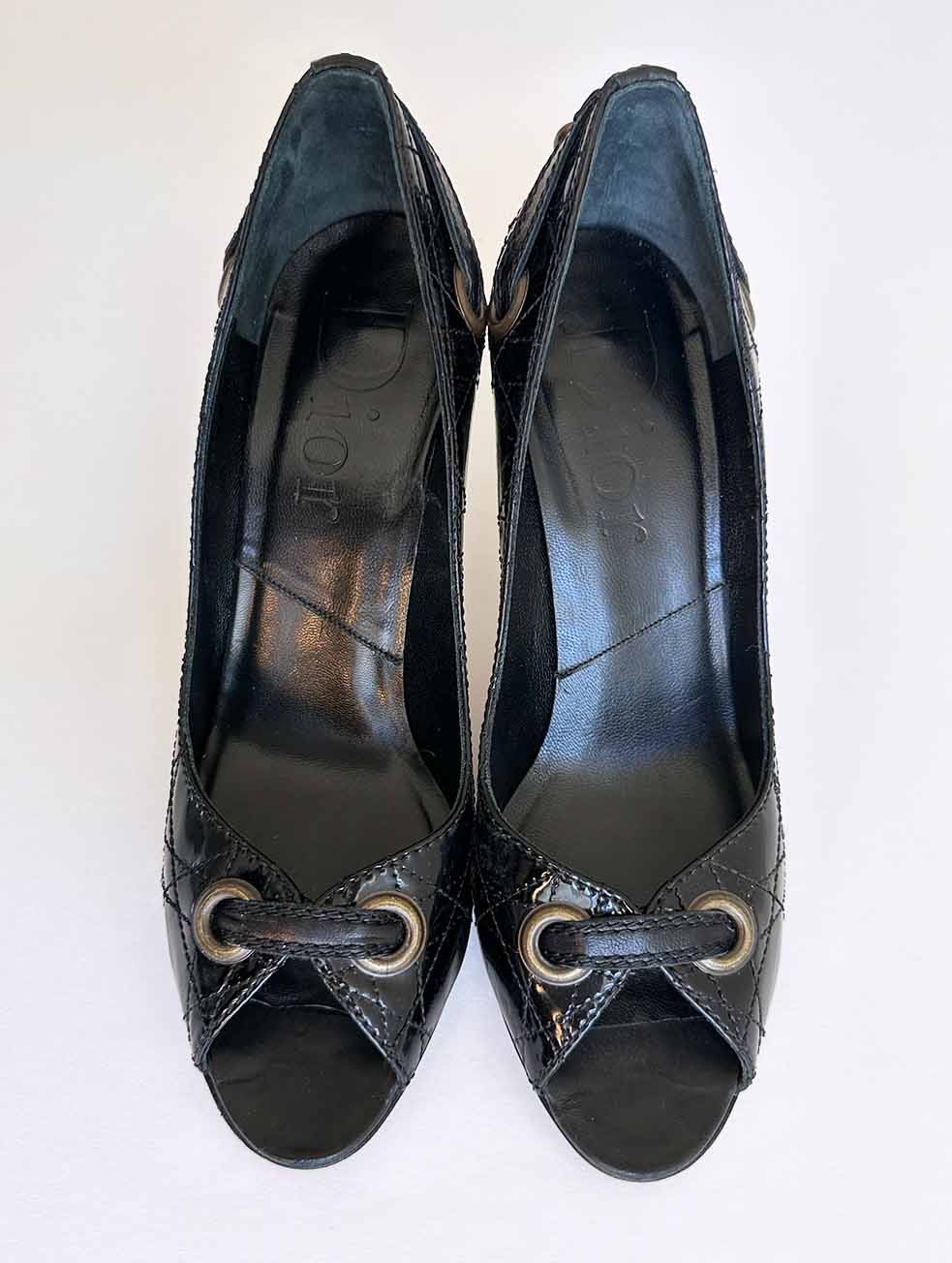 Christian Dior Black Cannage Patent Leather Peep Toe Pumps D Charm Heels EU 38