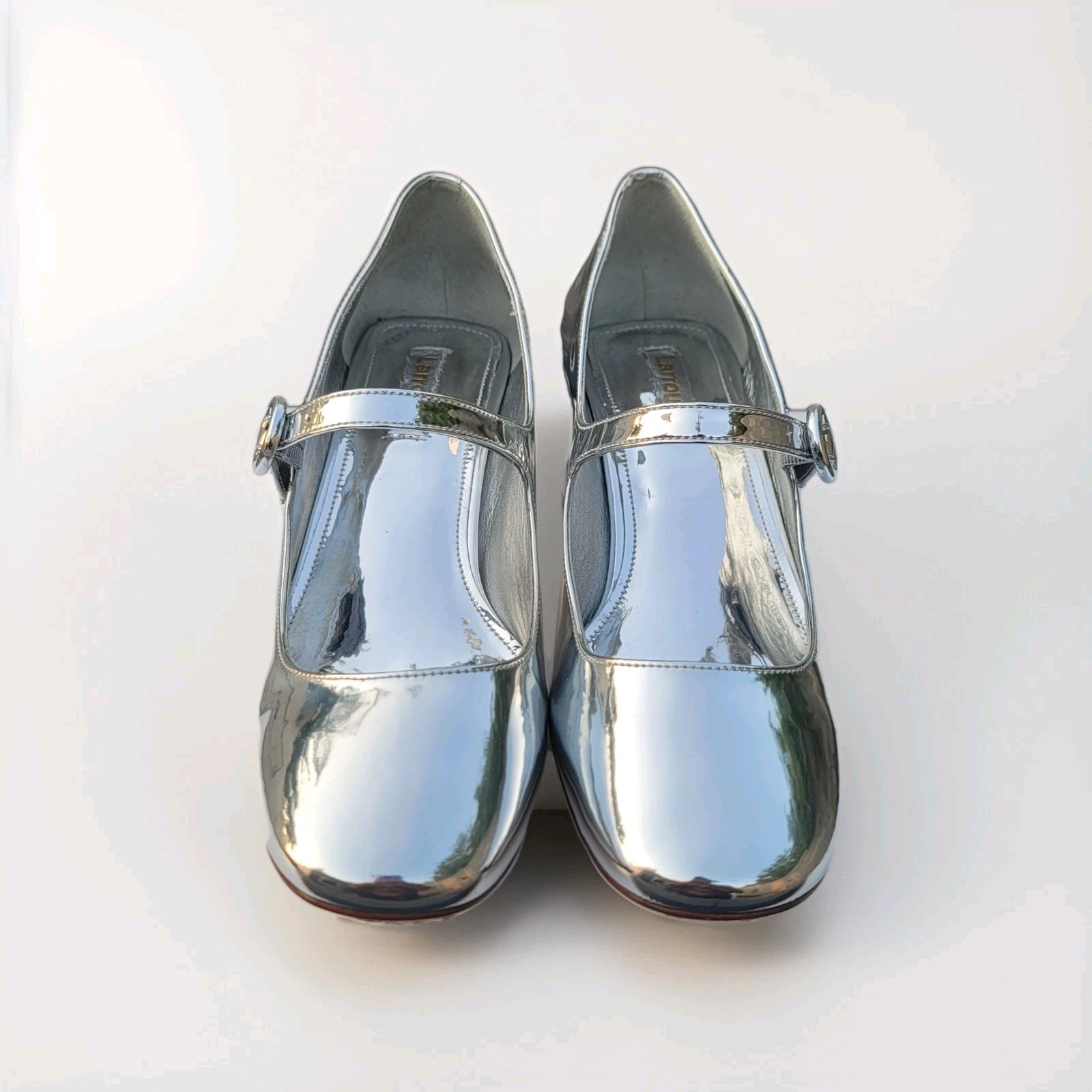 ​Larroude Blair Mary Jane Silver Specchio Leather Block Heel Pump Shoes Womens 9