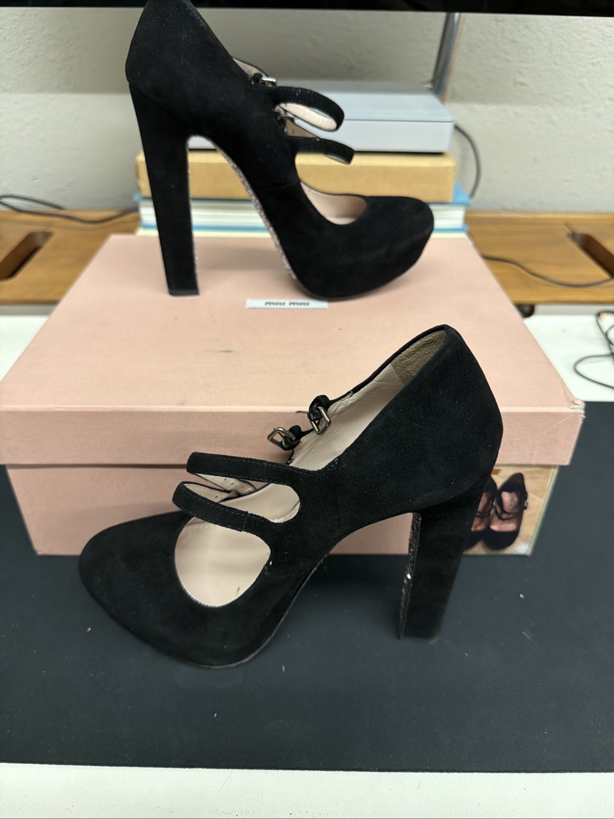Miu Miu Black Suede Glitter Sole Mary Jane Heels, Size 36 With Box