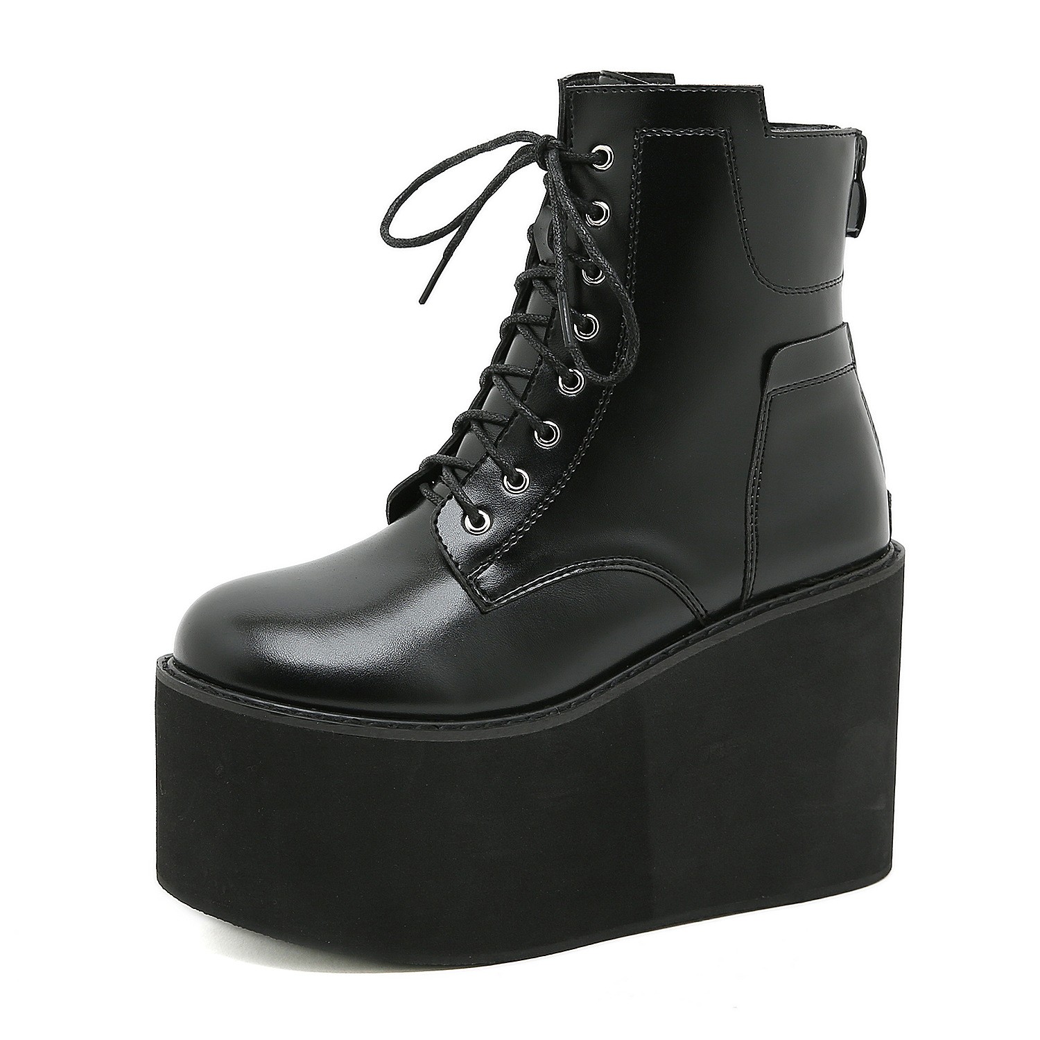 Women’s High Platform Wedge Heel Ankle Boots Gothic Faux Leather Lace Up Shoes