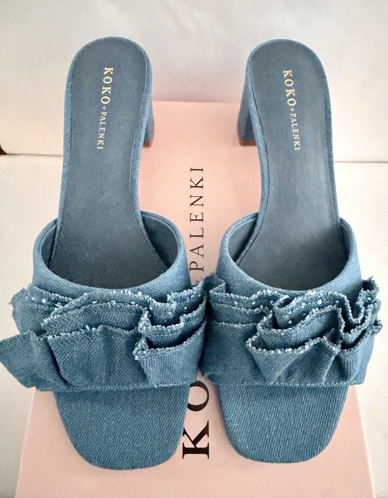 Koko Palenki Leana Women’s Denim Ruffle Slide On Sandals Open Toe Sz 8 NIB