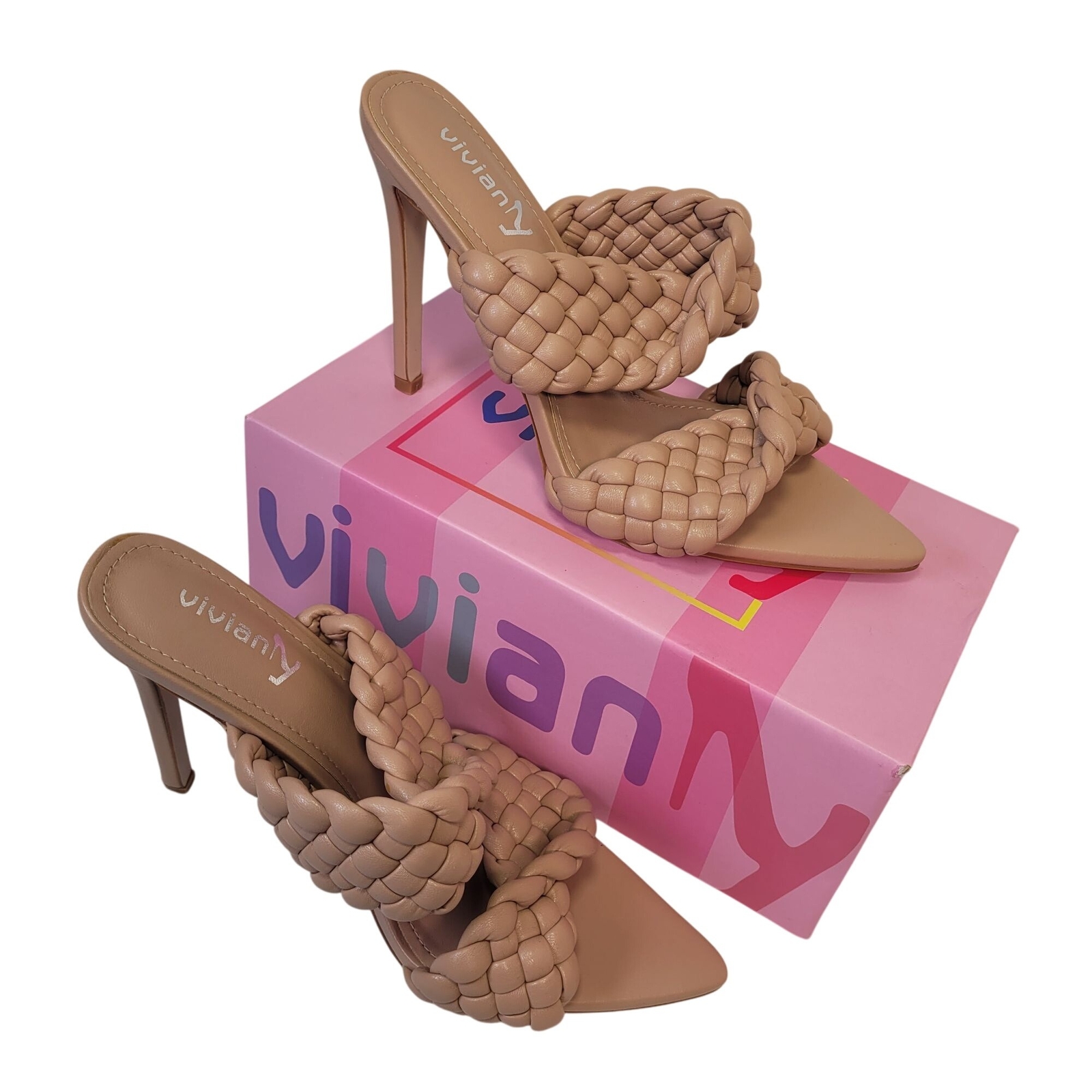 Viviany Women’s Nude Braided Mule Heels With Pointed Toe & Stiletto Heel Size 8