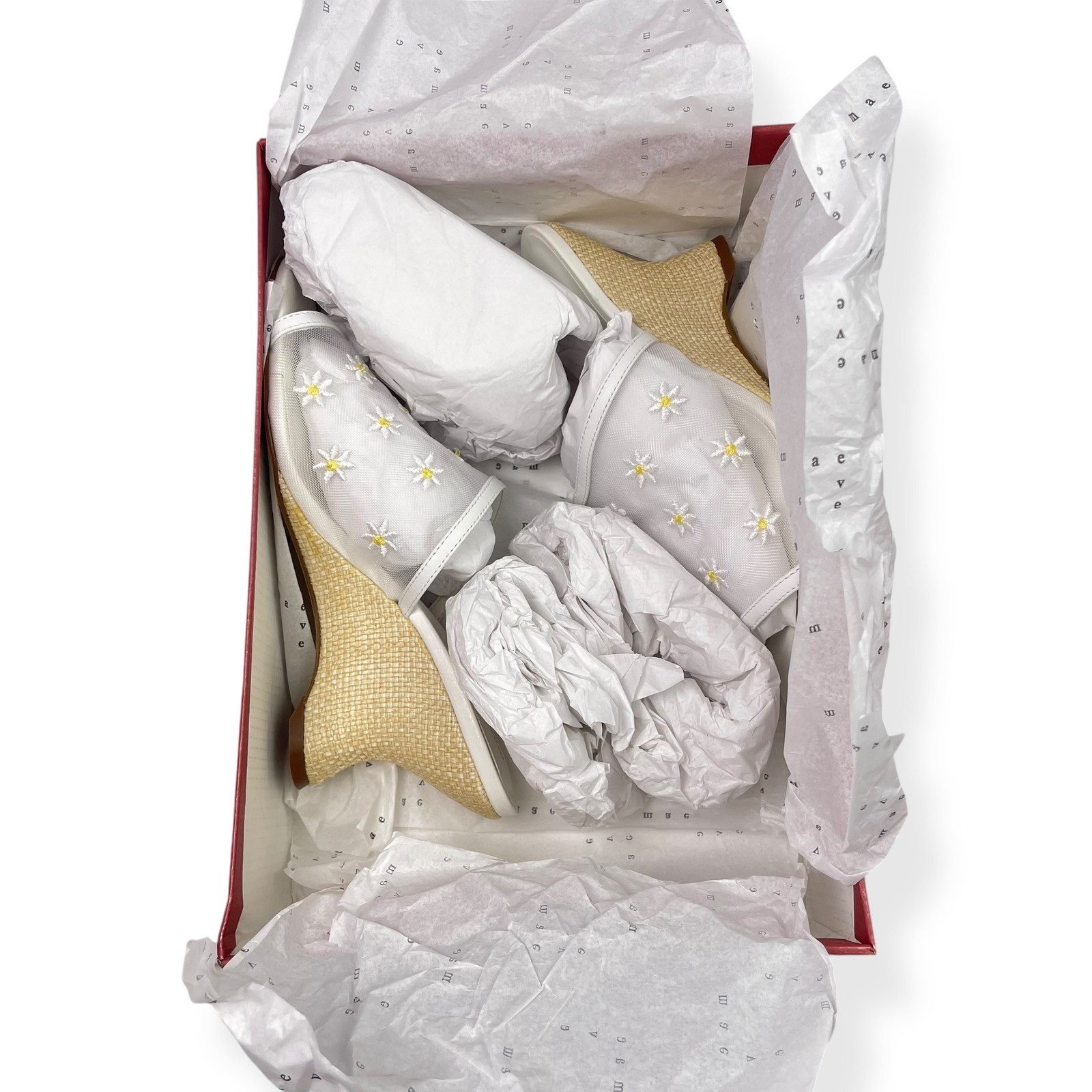 NEW Anthropologie Maeve Mesh Wedge Sz 7 White Embroidered Daisy Flowers Open Toe