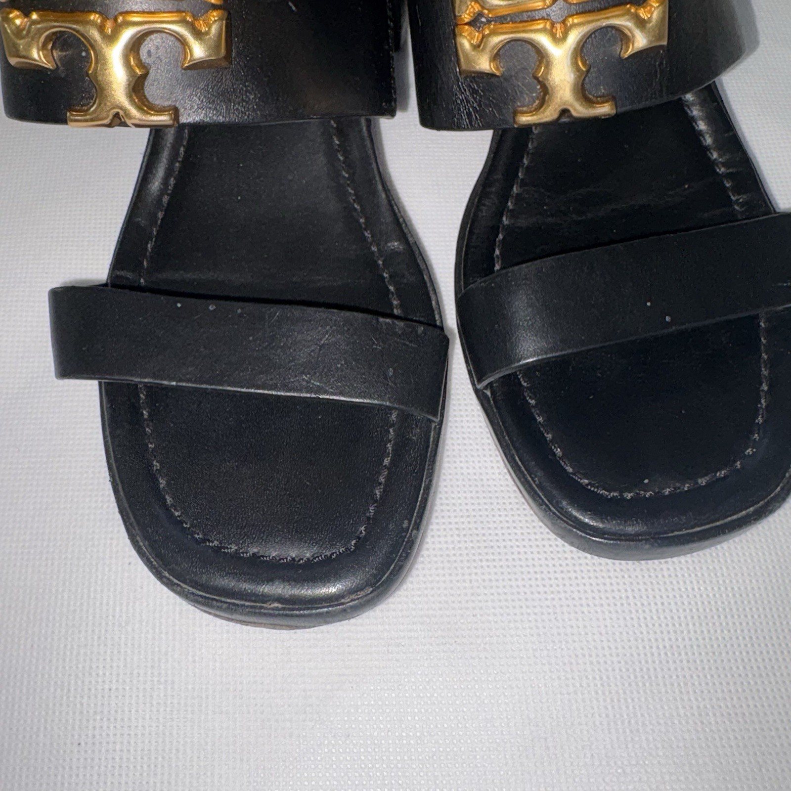 Tory Burch Eleanor Black Leather Block Heel Slingback Sandals US 6 Gold Logo