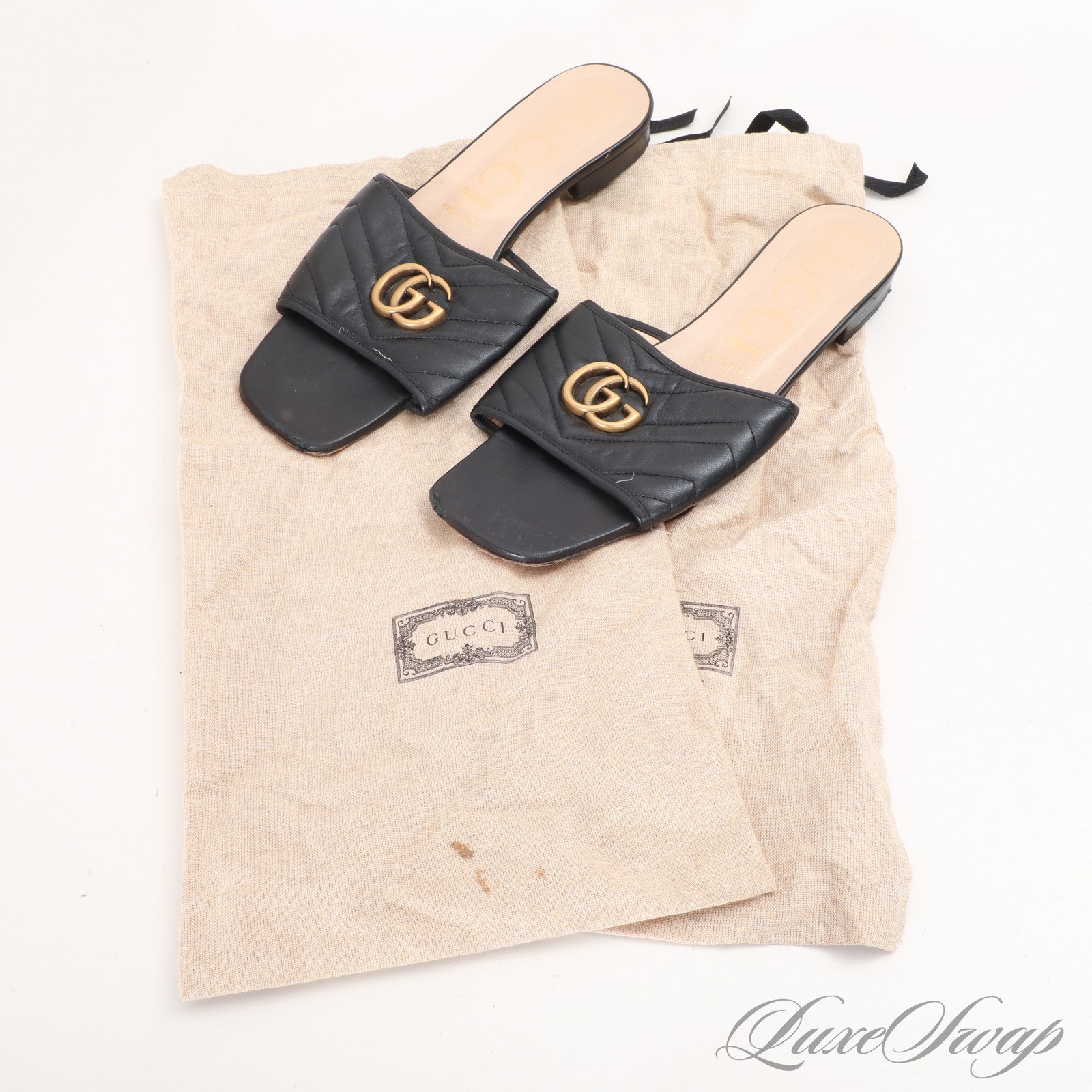 Gucci Made in Italy 646169 Double Decorated Marmont G Leather Flat Sandals 41