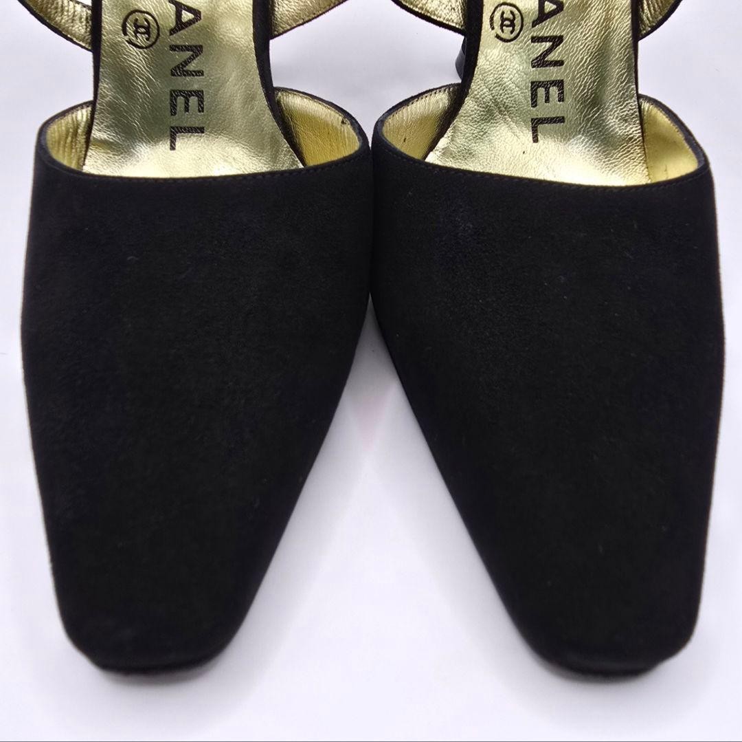 CHANEL Suede Mules Size 36 Black Gold Accents with Box and Dust Bags