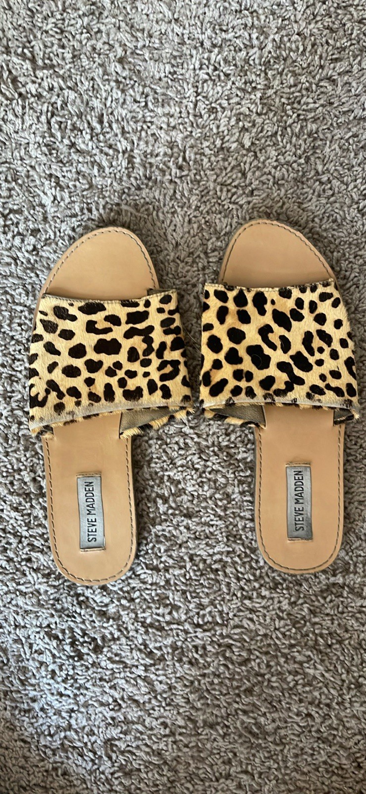 Steve Madden Women’s Leopard Print Calf Hair Slip-On Slide Sandals Flat US 7.5