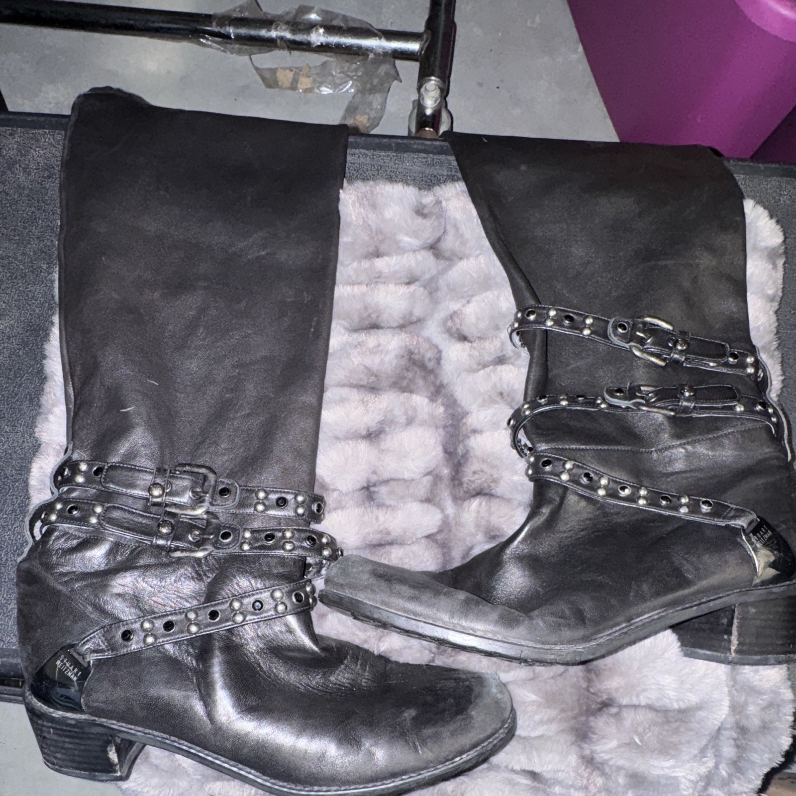 Stuart Weitzman Womens Black Leather Knee-High Biker Boots Studded Buckle US 9