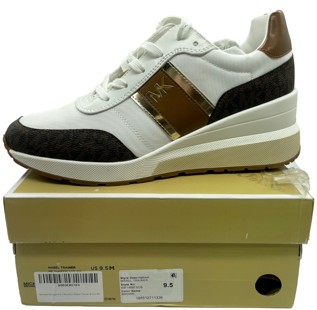 Michael Kors Mabel Trainer White Brown Size 9.5 Gold Accent Lace Up Fashion Shoe