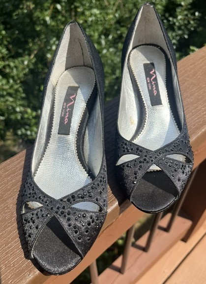 Nina Black Satin w/black Rhinestones Peep Toe 2.5″ » High Heel Dressy Pumps 6M
