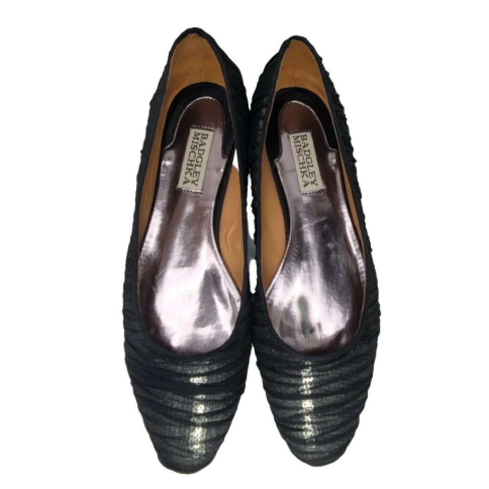 Badgley Mischka Sz 7 Black Organza Covered Silver Sequin Slip On Flats Shoes
